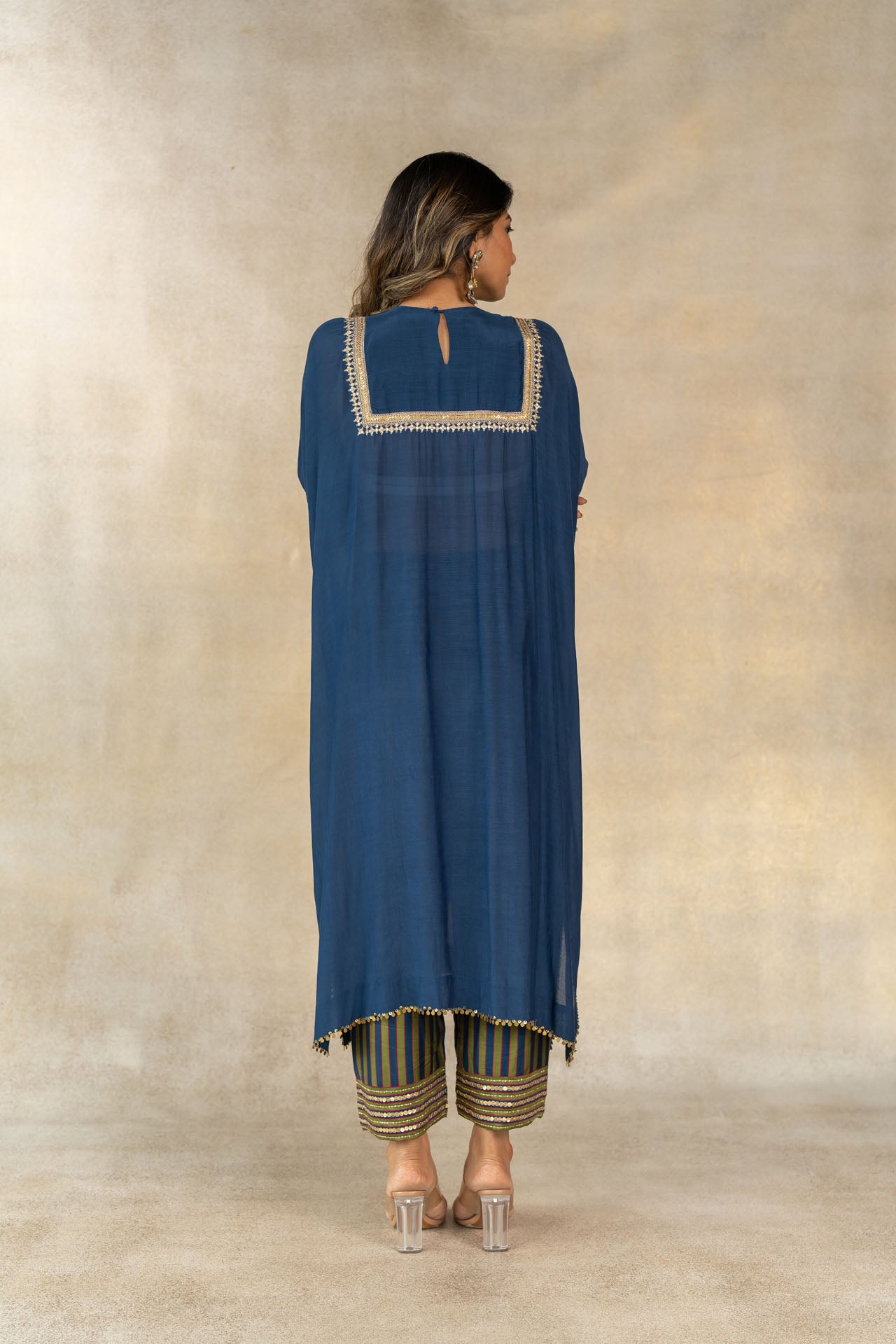 Teal blue embroidered yoke kaftan set