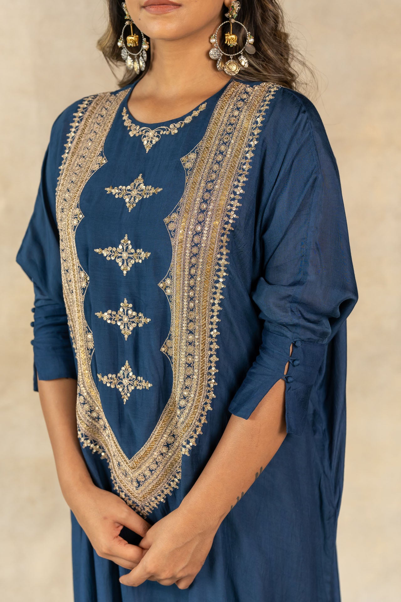 Teal blue embroidered yoke kaftan set