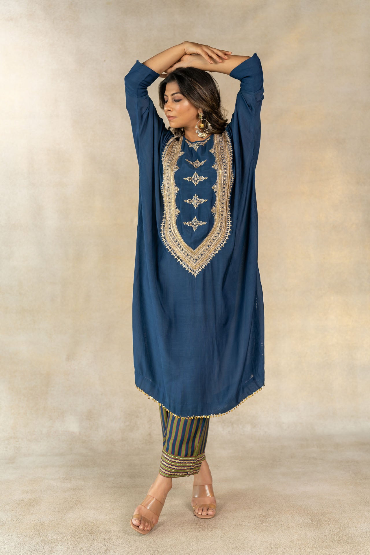 Teal blue embroidered yoke kaftan set
