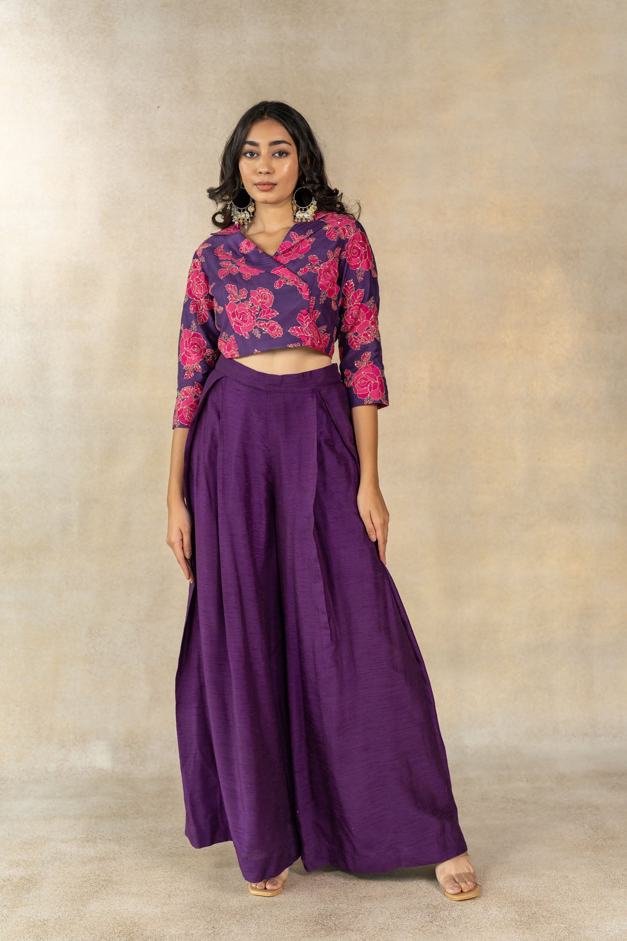 Purple floral printed cropped blazer co-ord set