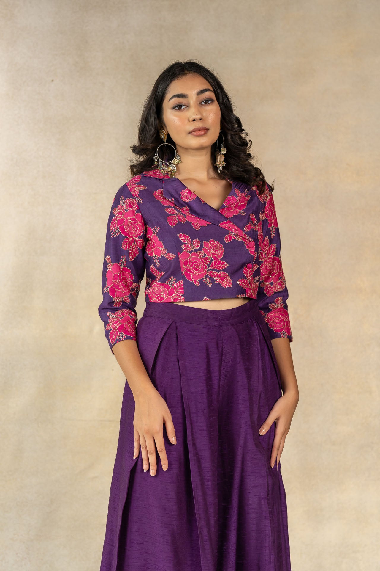 Purple floral printed cropped blazer co-ord set