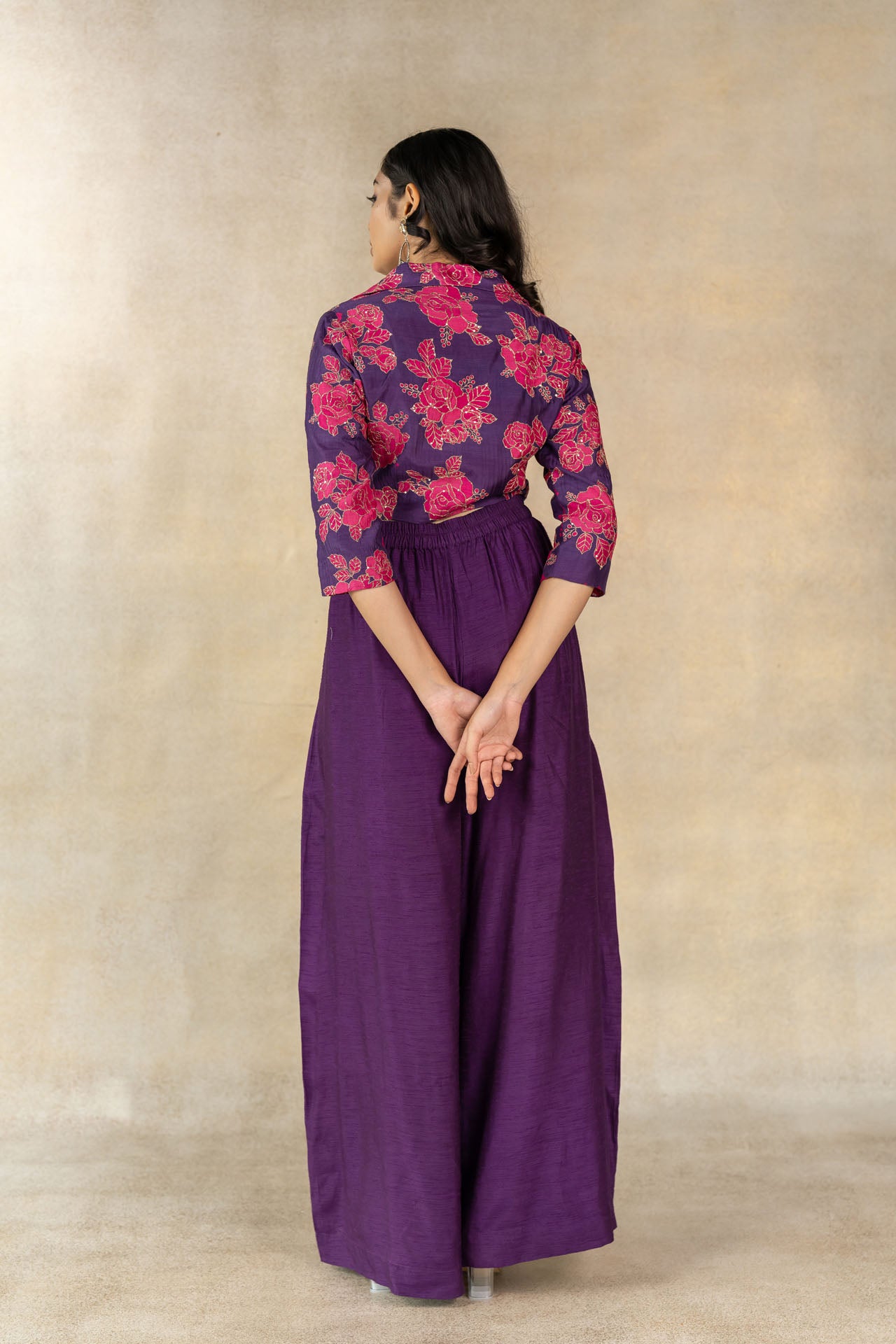 Purple floral printed cropped blazer co-ord set