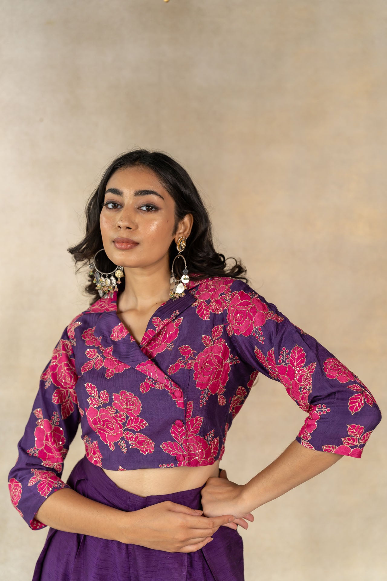 Purple floral printed cropped blazer co-ord set