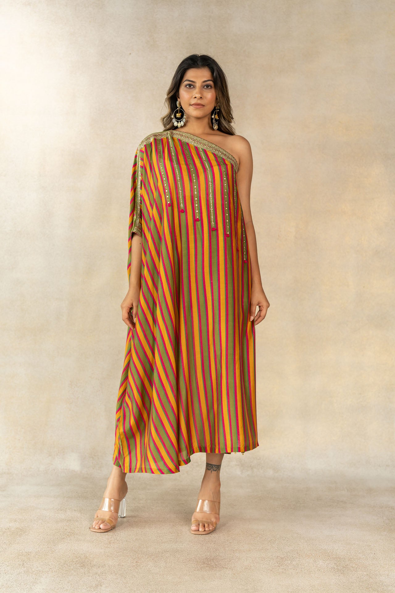 Mustard- mehendi green striped one shoulder kaftan