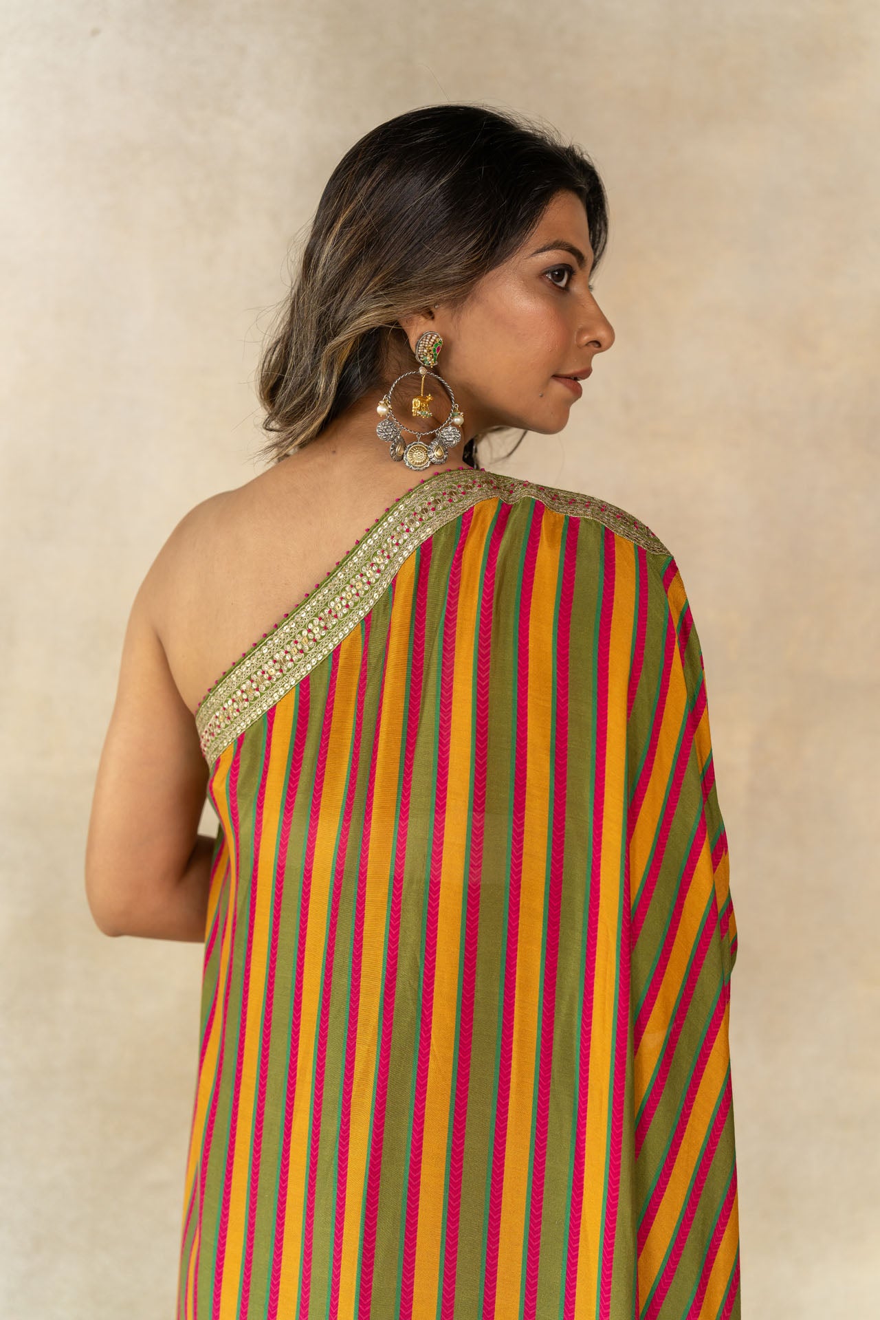 Mustard- mehendi green striped one shoulder kaftan