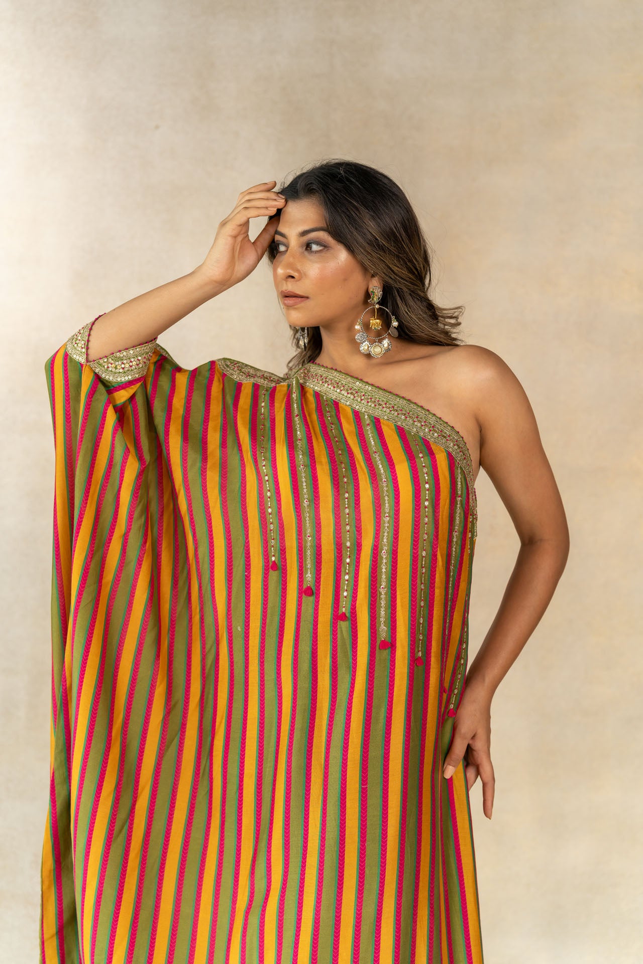 Mustard- mehendi green striped one shoulder kaftan