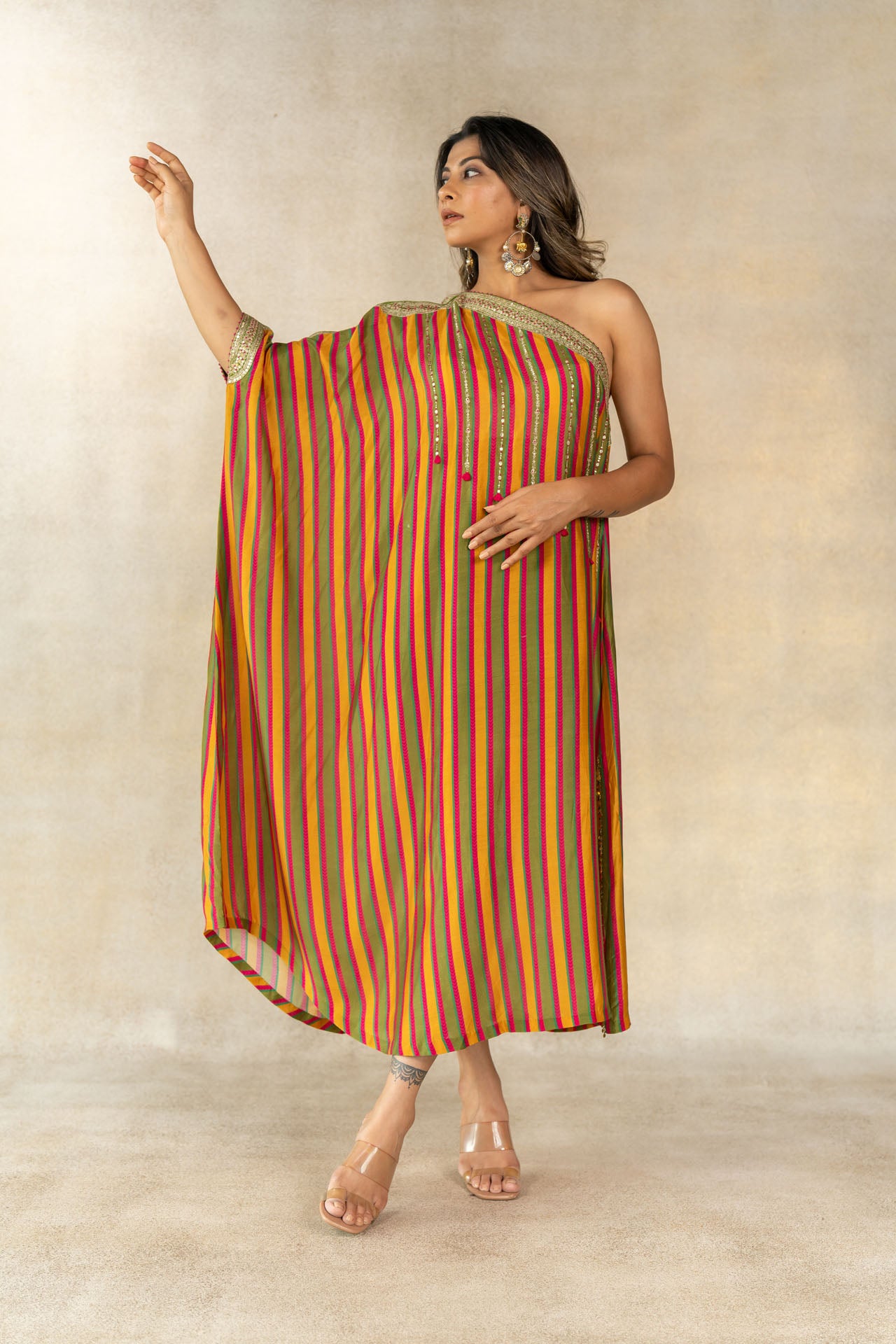 Mustard- mehendi green striped one shoulder kaftan