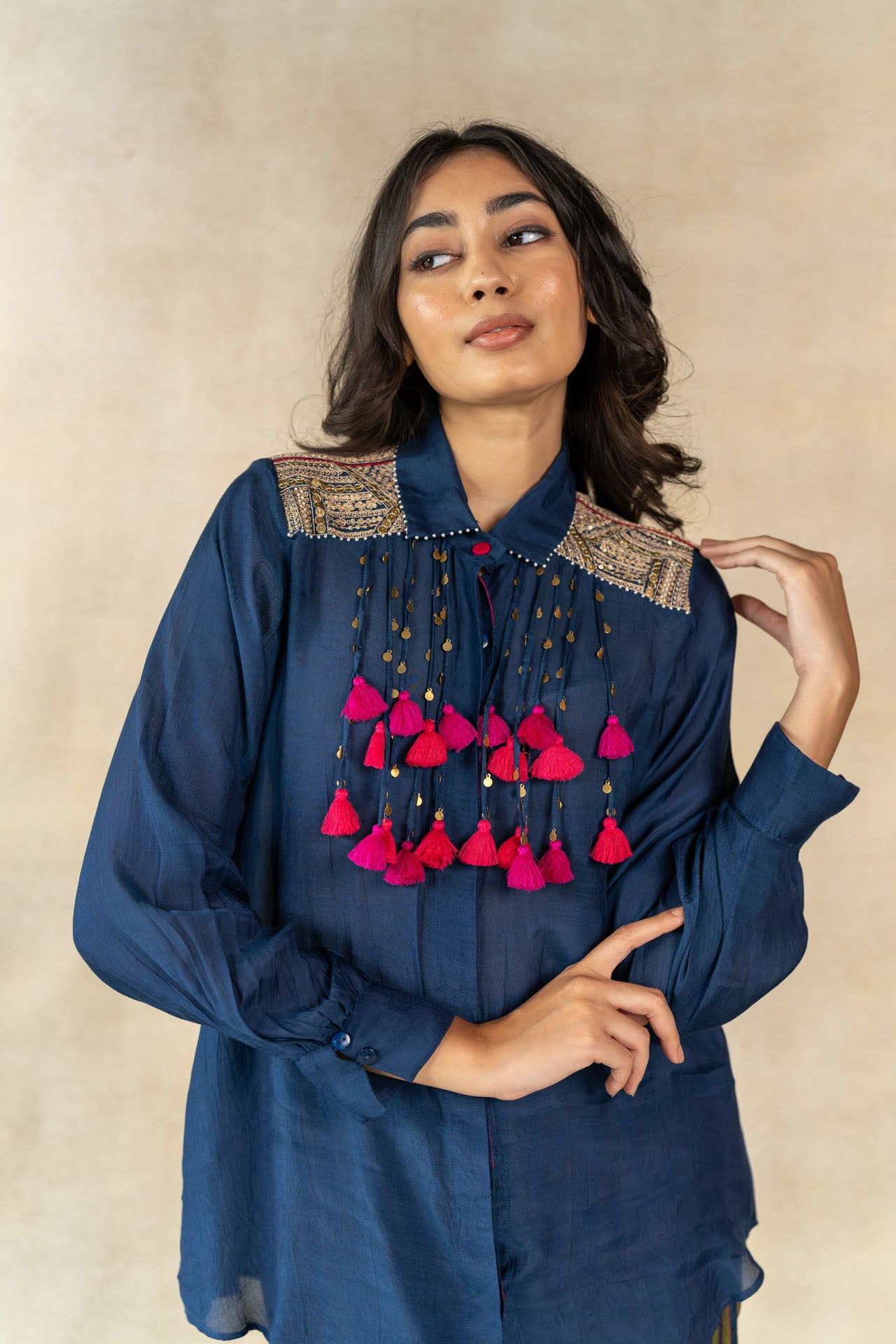 Teal blue coin-tassel detail co-ord set