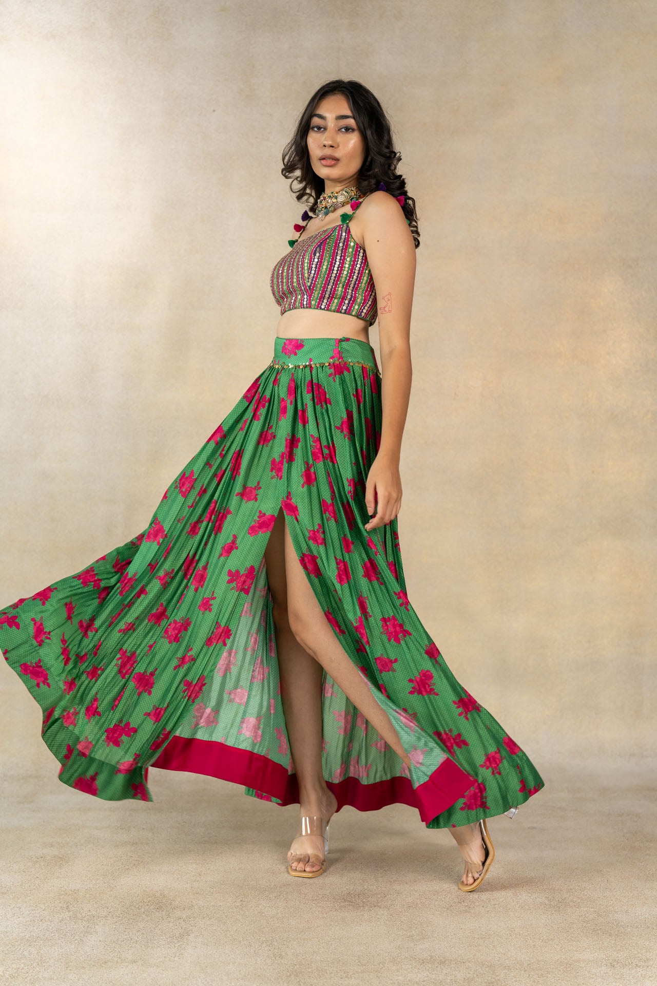 Dark green floral-dot printed skirt set.