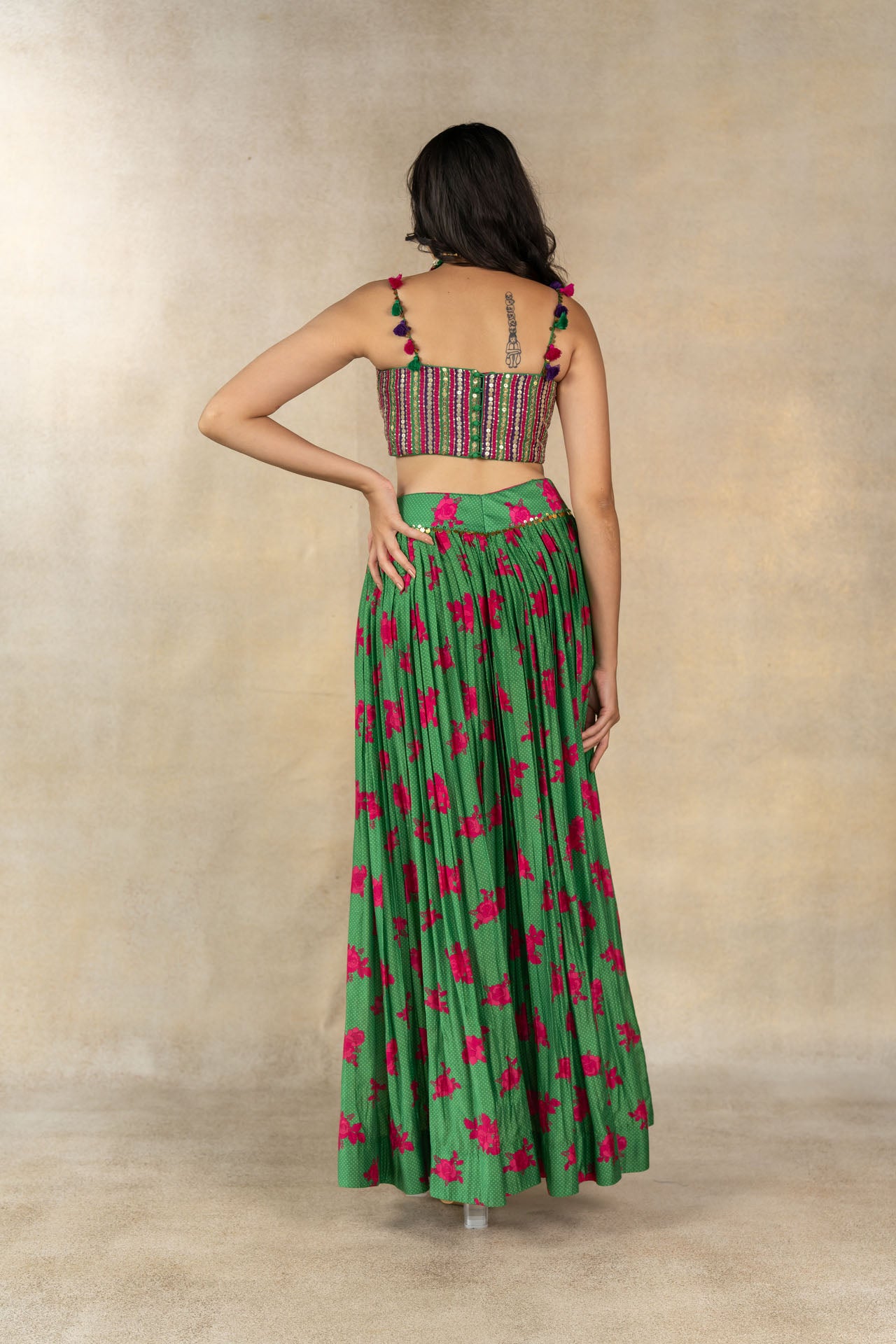 Dark green floral-dot printed skirt set.