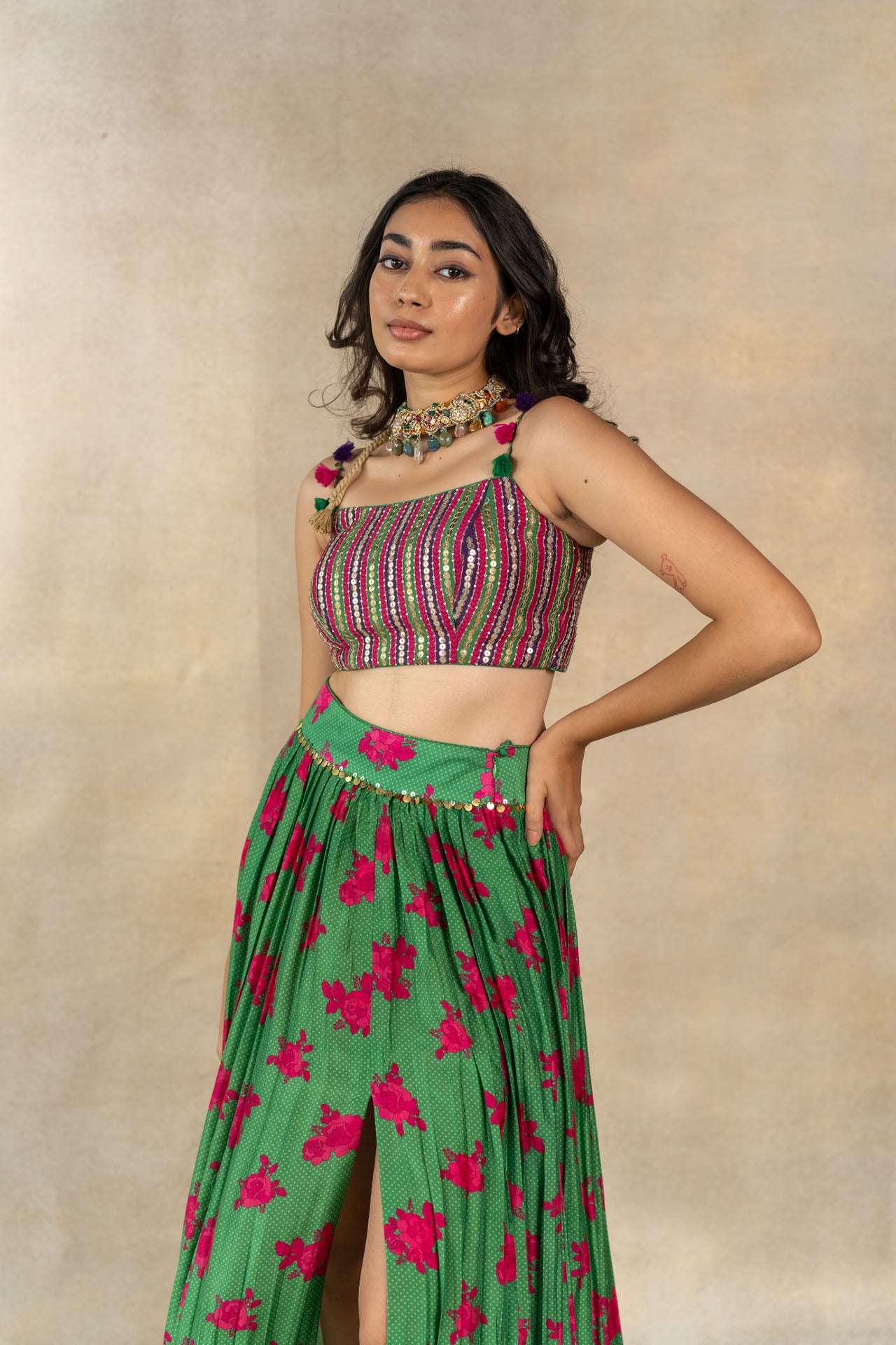 Dark green floral-dot printed skirt set.