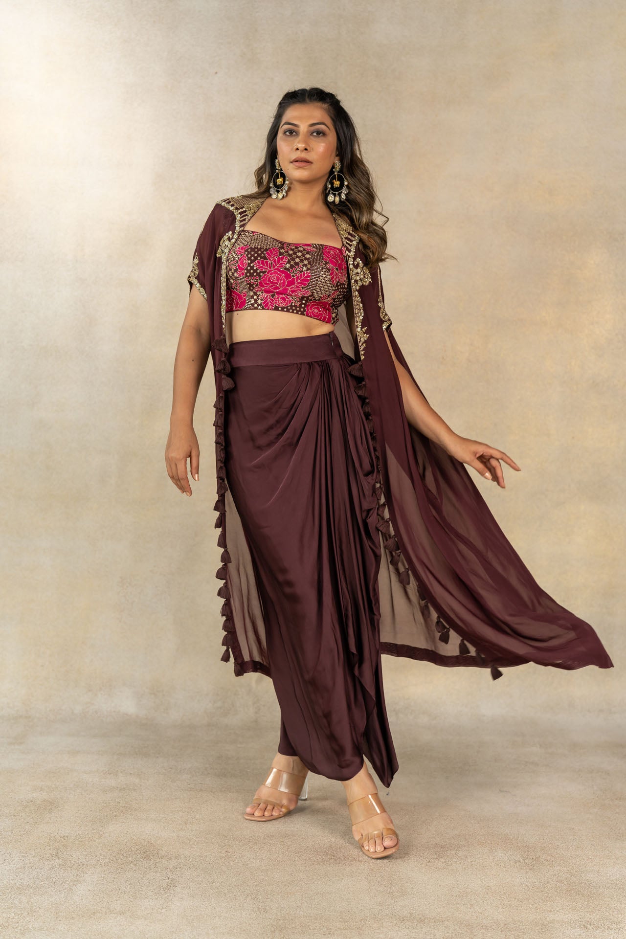 Brown draped skirt set