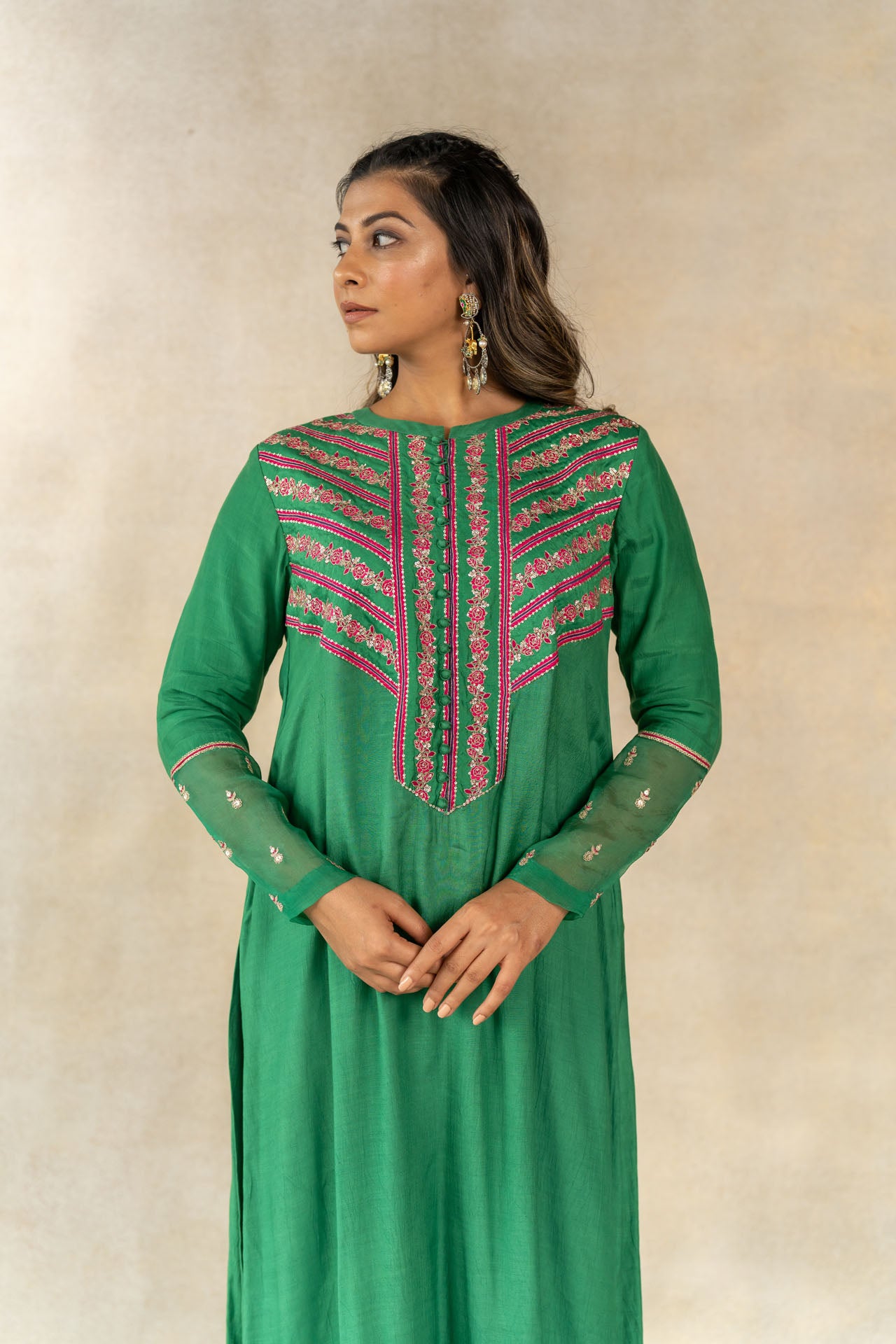 Dark green floral striped printed yoke kurta set