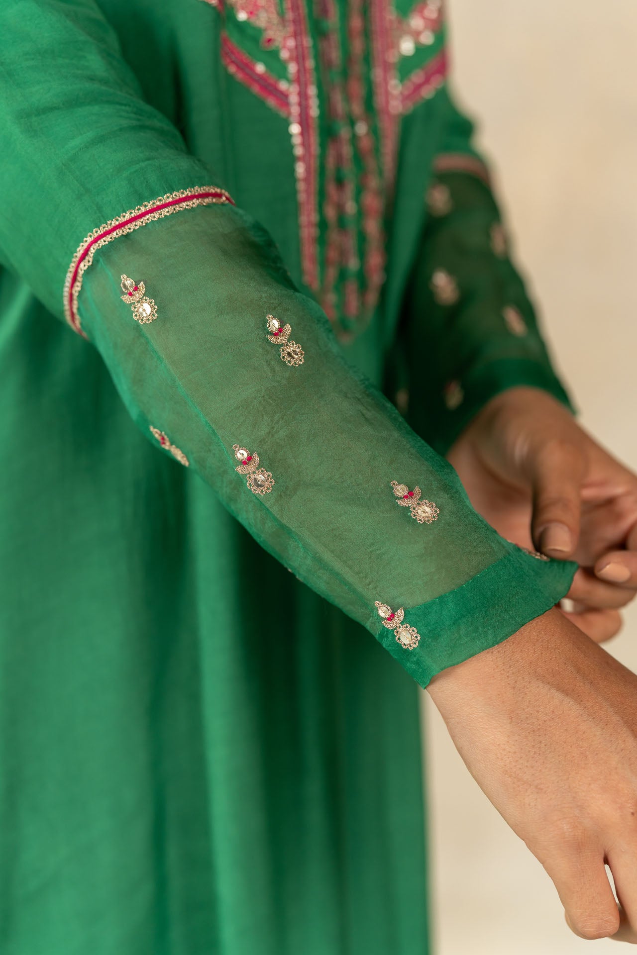 Dark green floral striped printed yoke kurta set