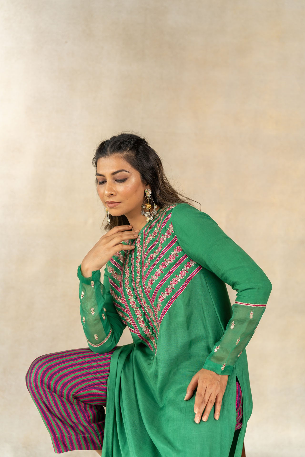 Dark green floral striped printed yoke kurta set