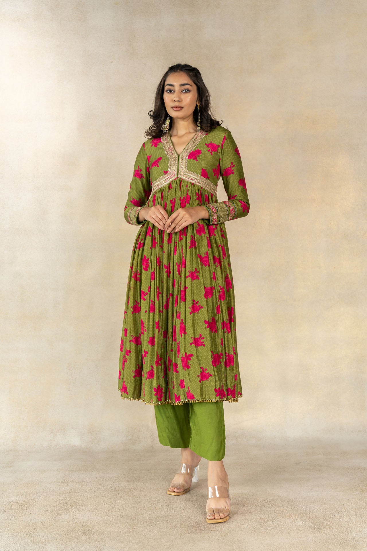 Mehendi green floral-dot printed anarkali set