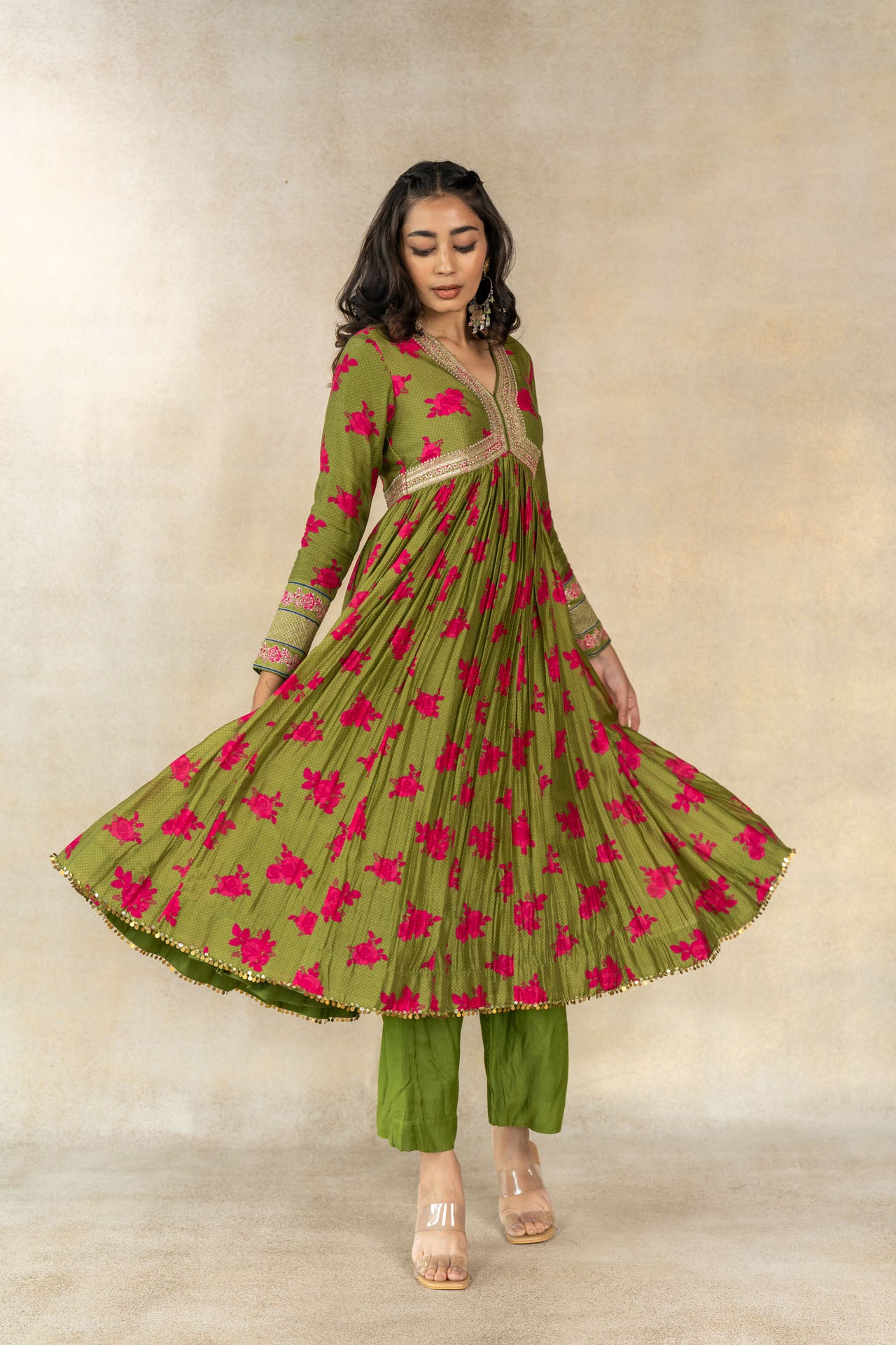 Mehendi green floral-dot printed anarkali set