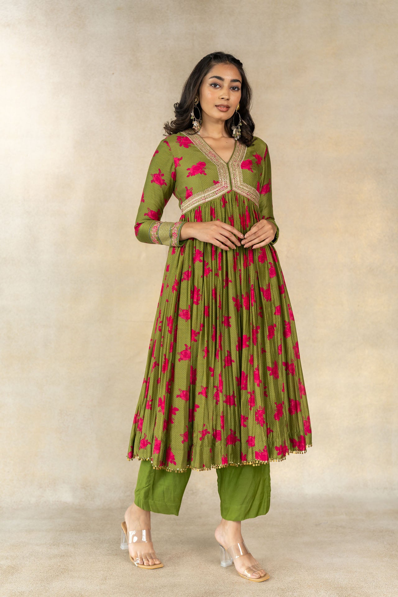 Mehendi green floral-dot printed anarkali set