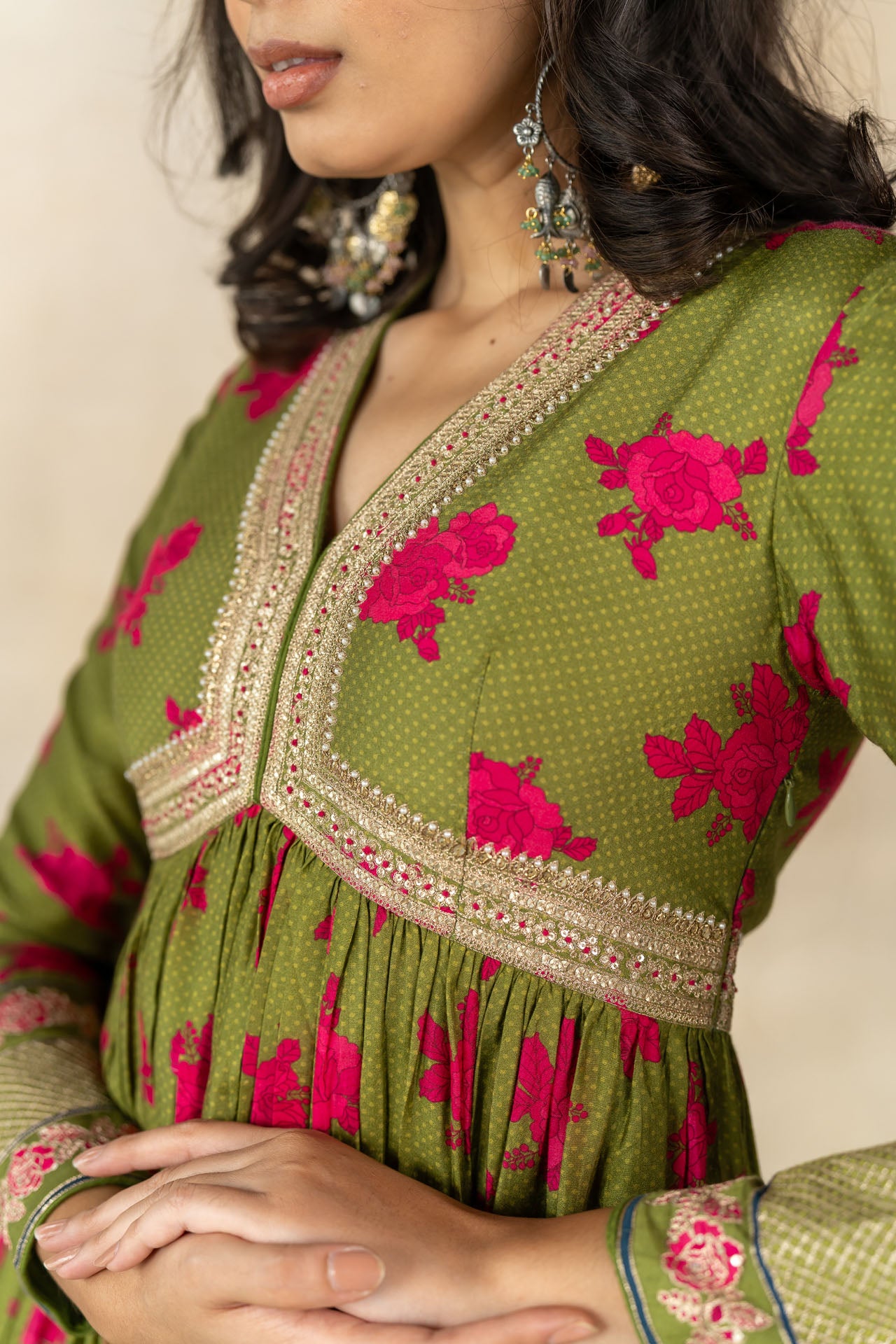 Mehendi green floral-dot printed anarkali set