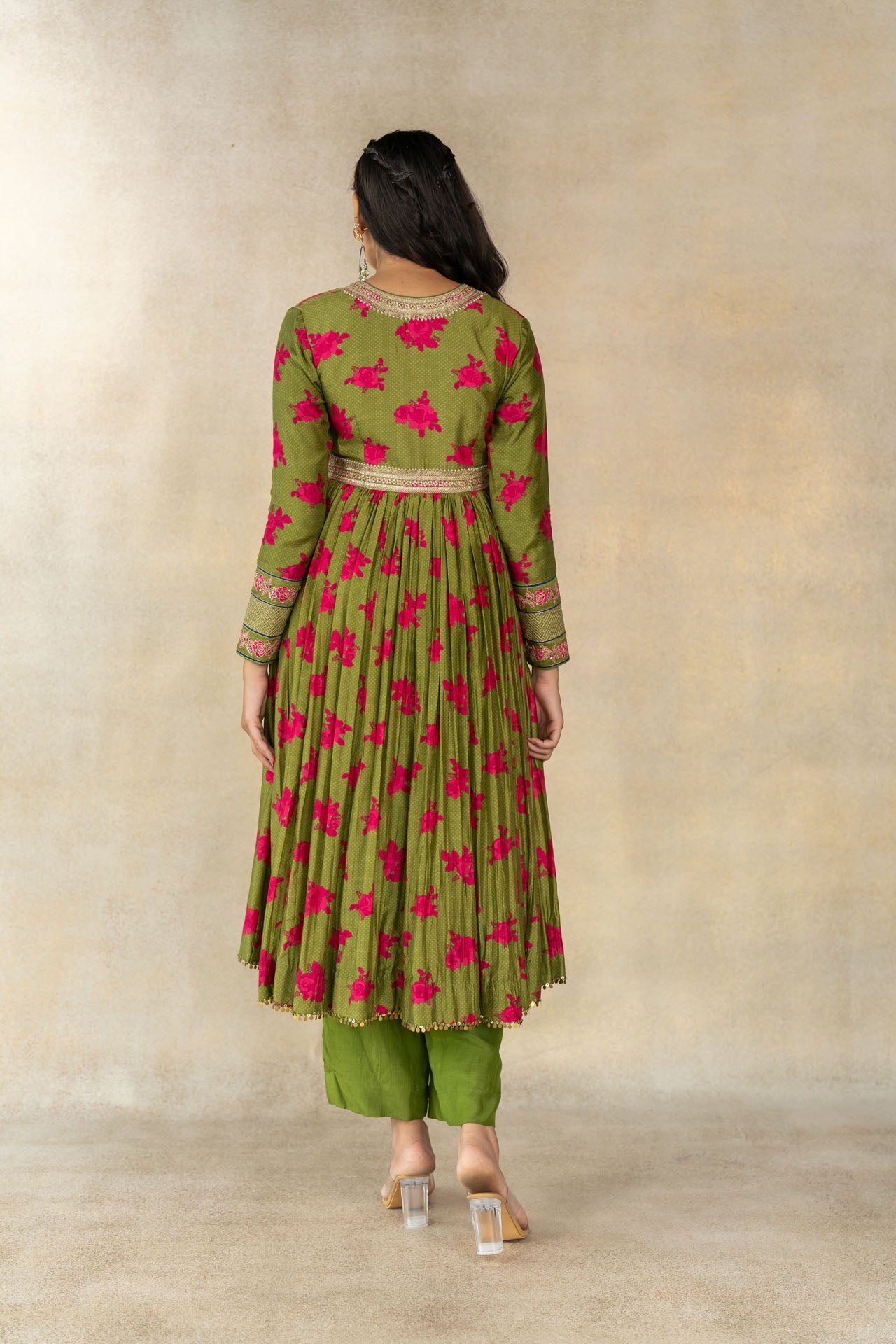 Mehendi green floral-dot printed anarkali set