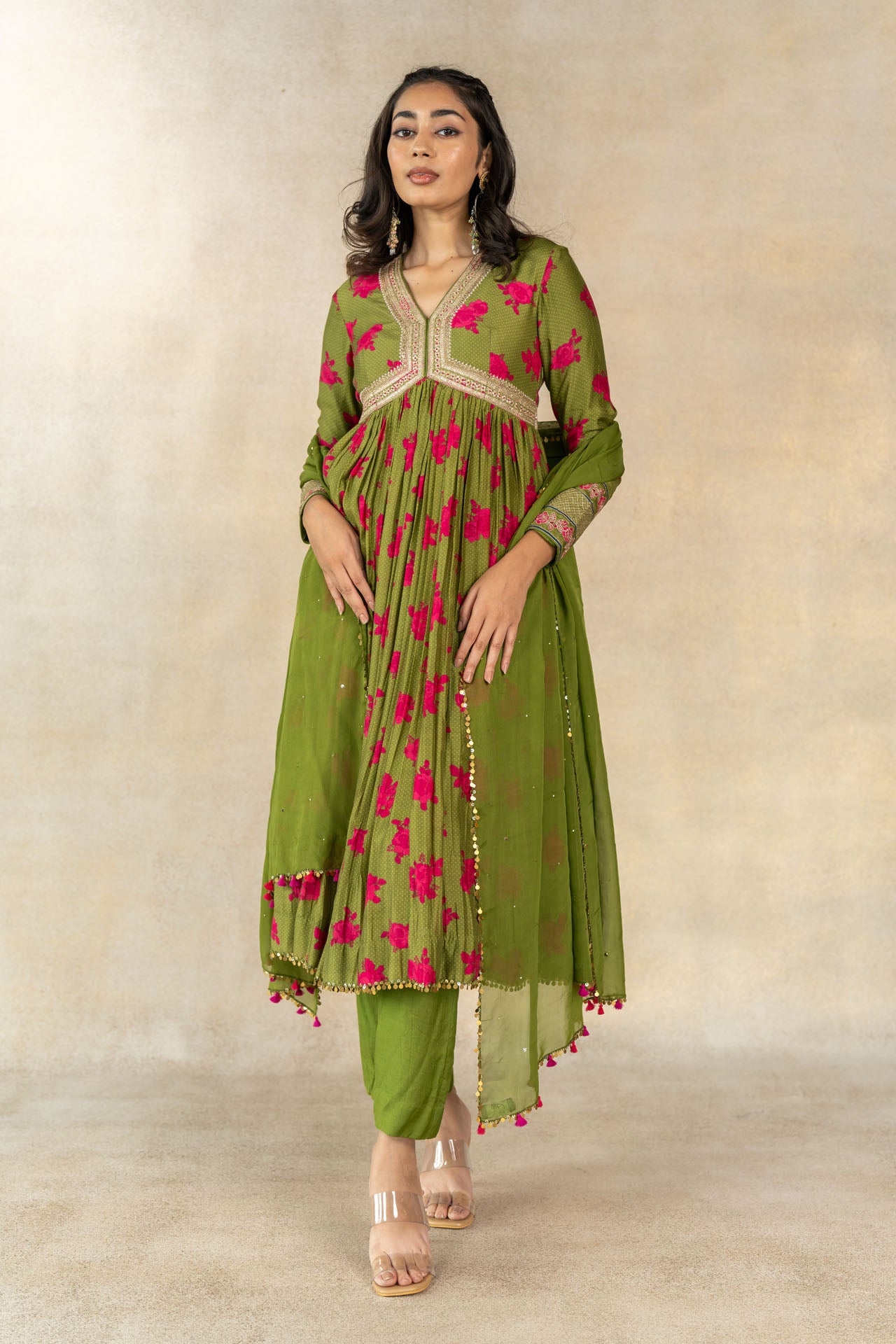 Mehendi green floral-dot printed anarkali set