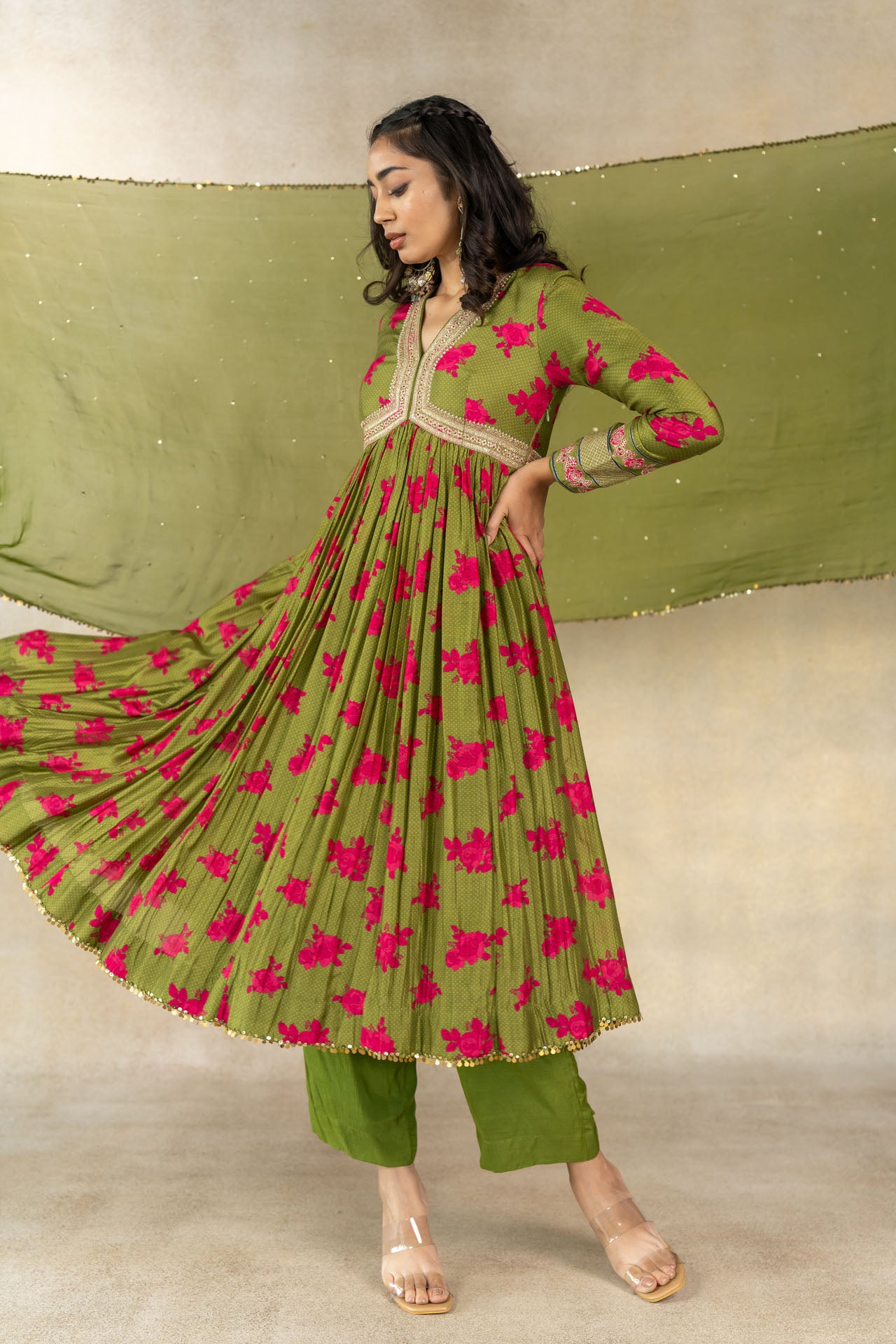Mehendi green organza mukaish work dupatta