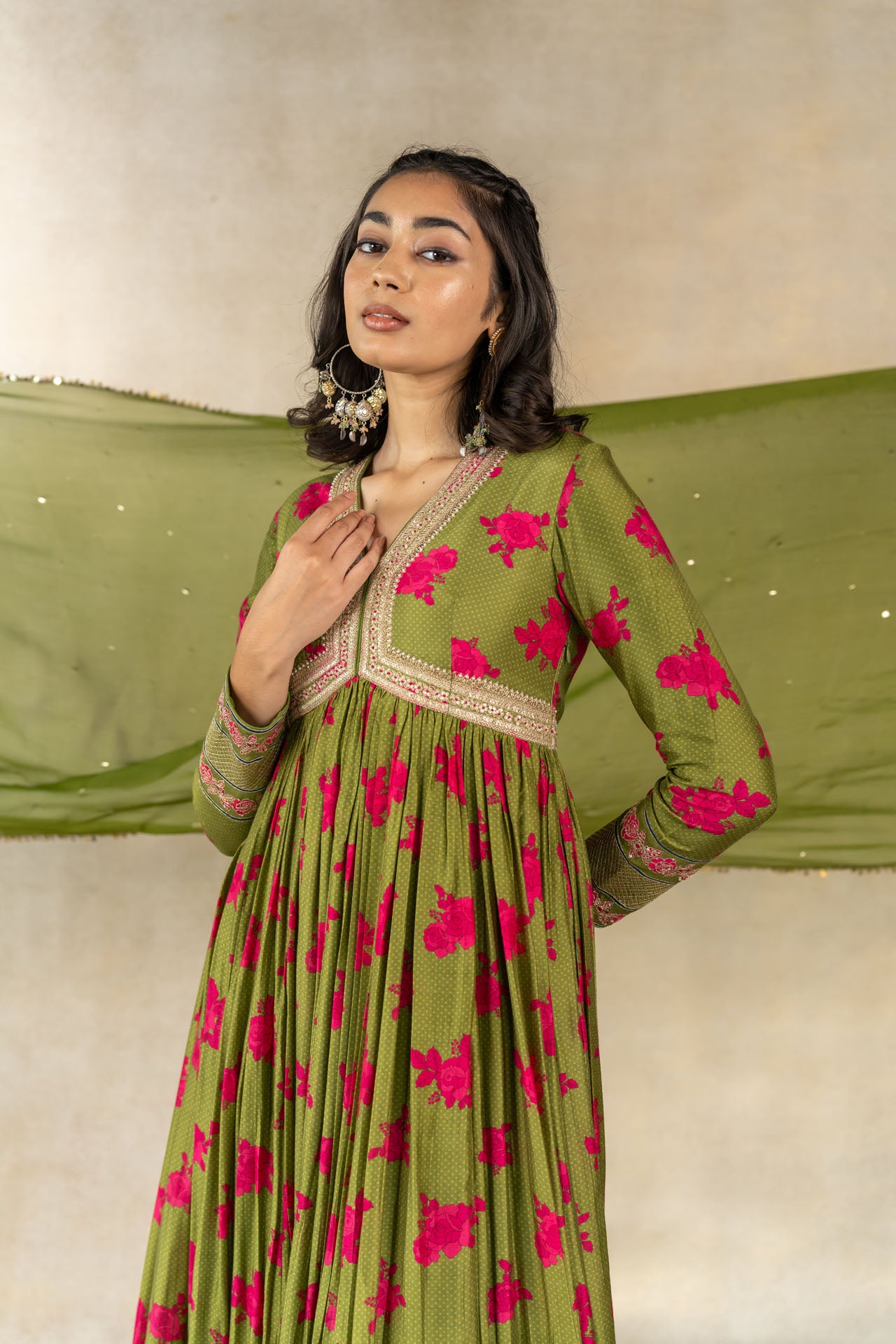 Mehendi green organza mukaish work dupatta