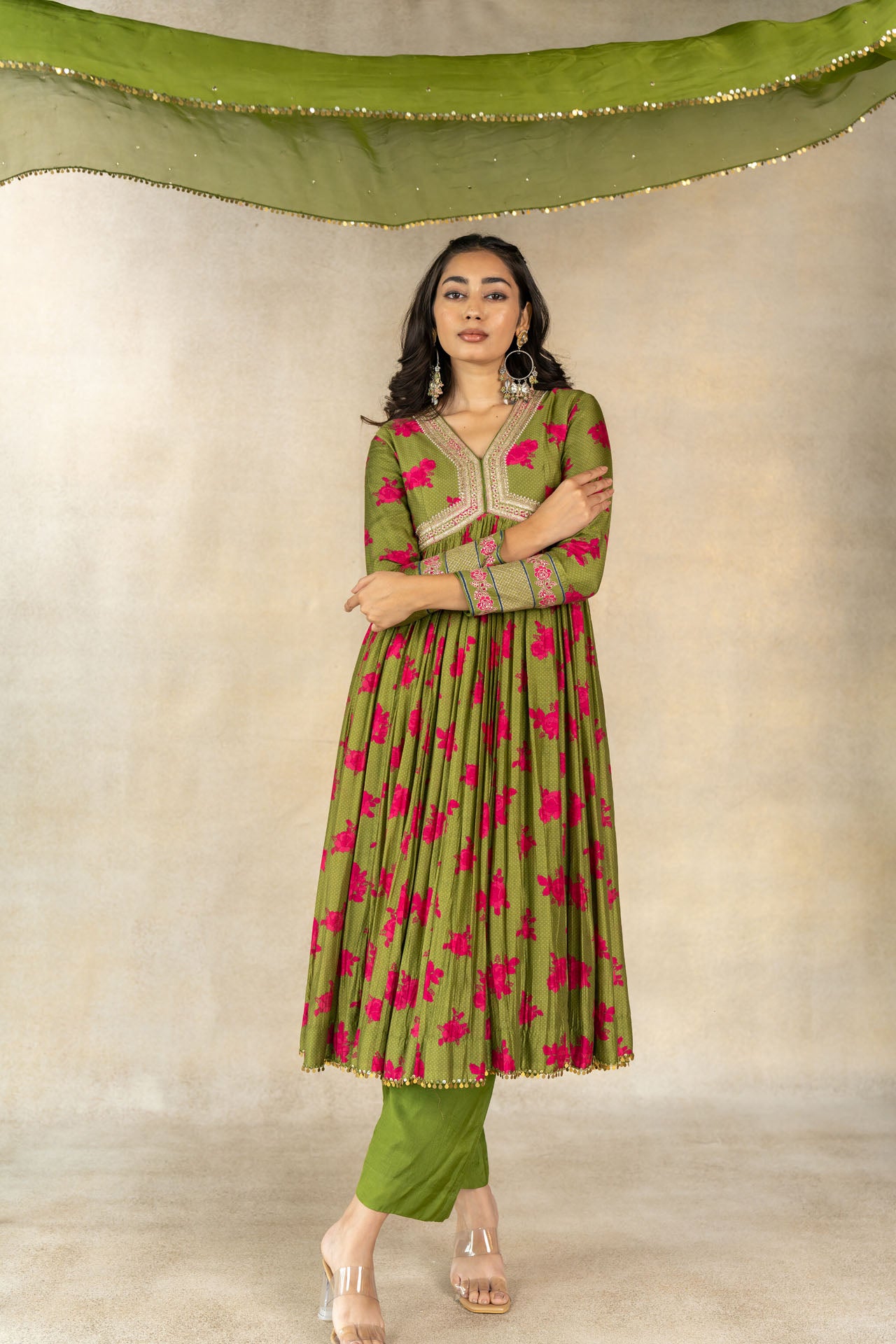 Mehendi green organza mukaish work dupatta