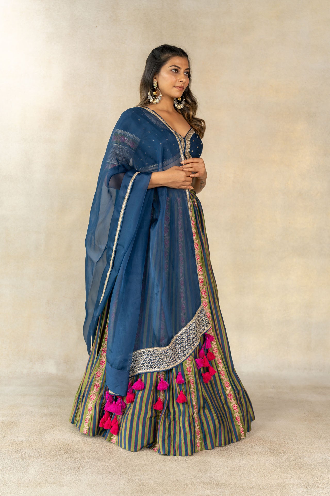 Teal blue hand embroidered lehenga set