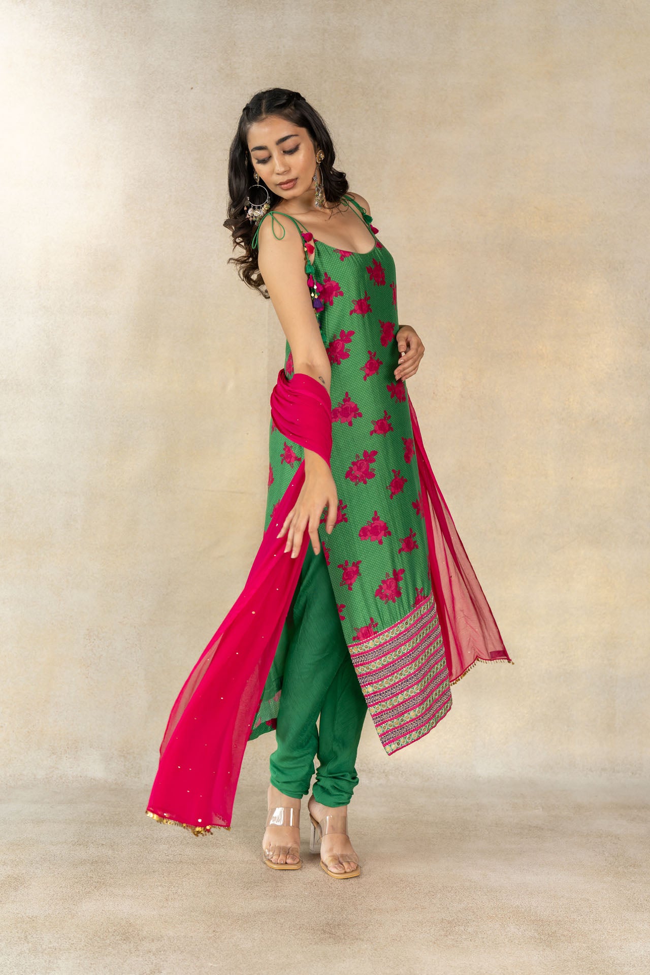 Dark green floral-dot printed spaghetti kurta set