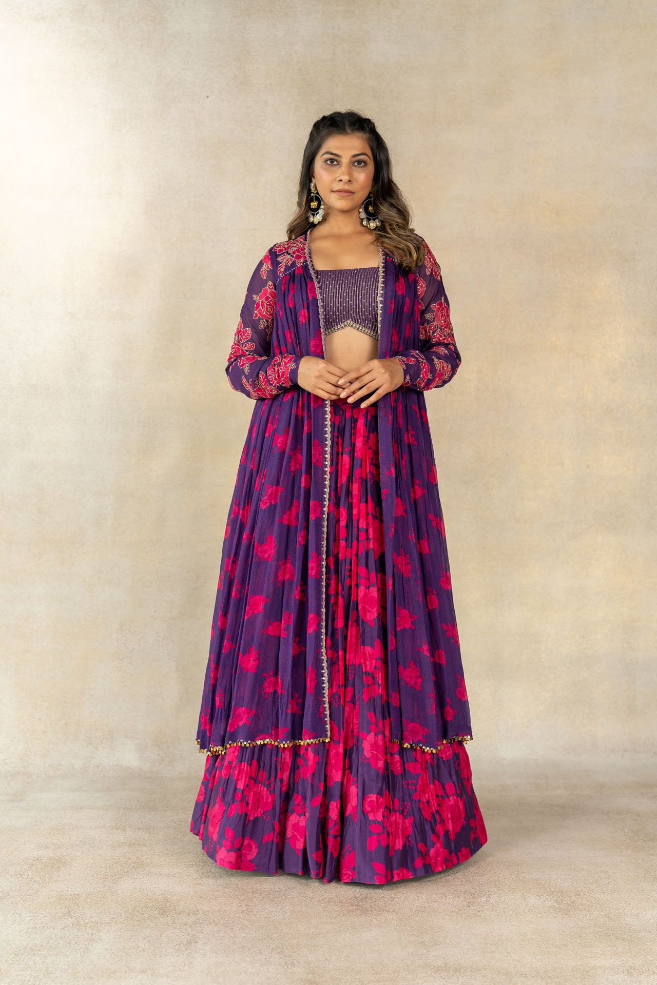 Purple floral printed embroidered jacket set