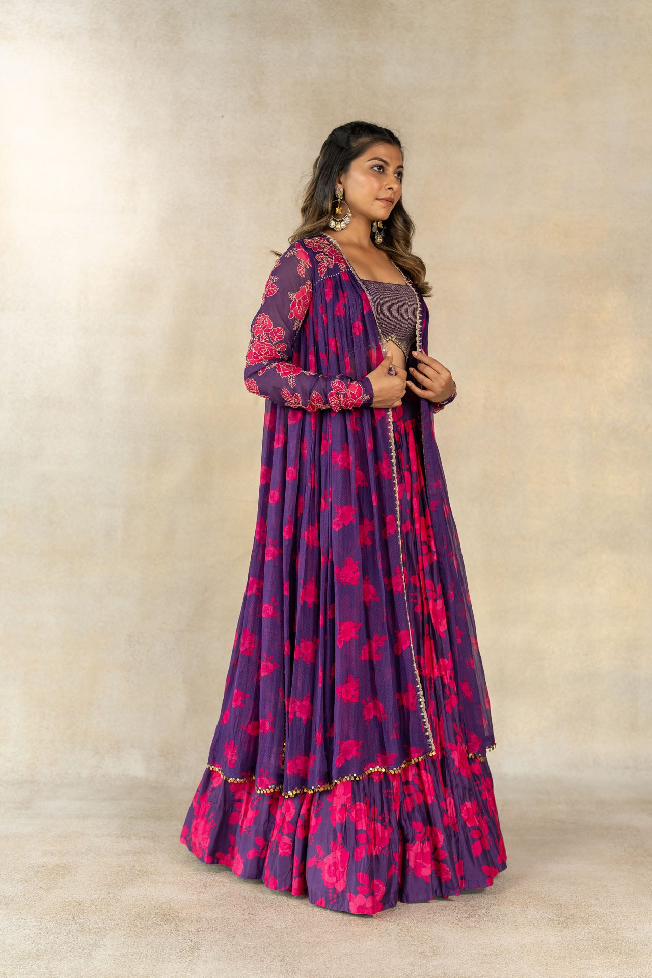 Purple floral printed embroidered jacket set