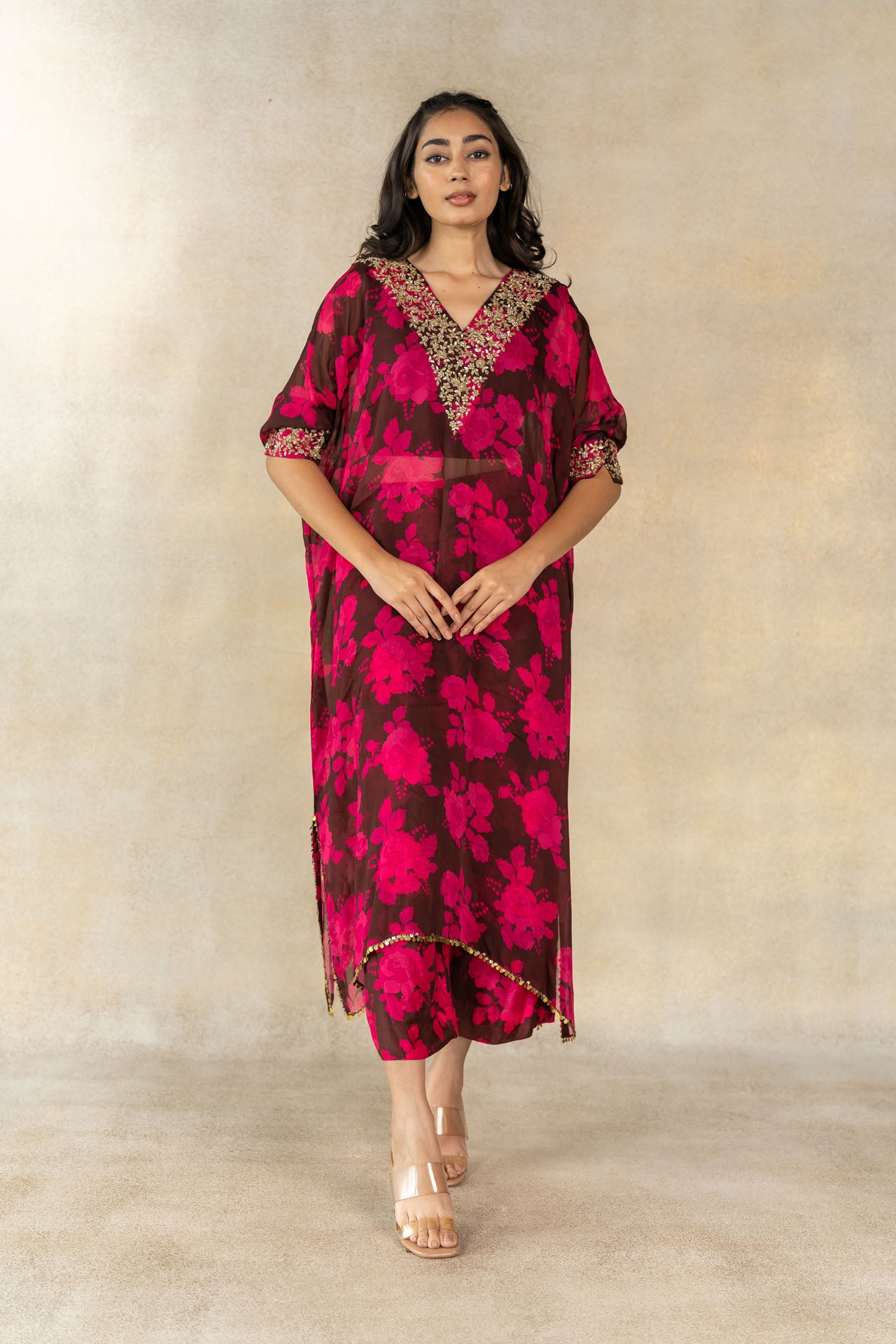 Brown floral printed overlay kaftan set
