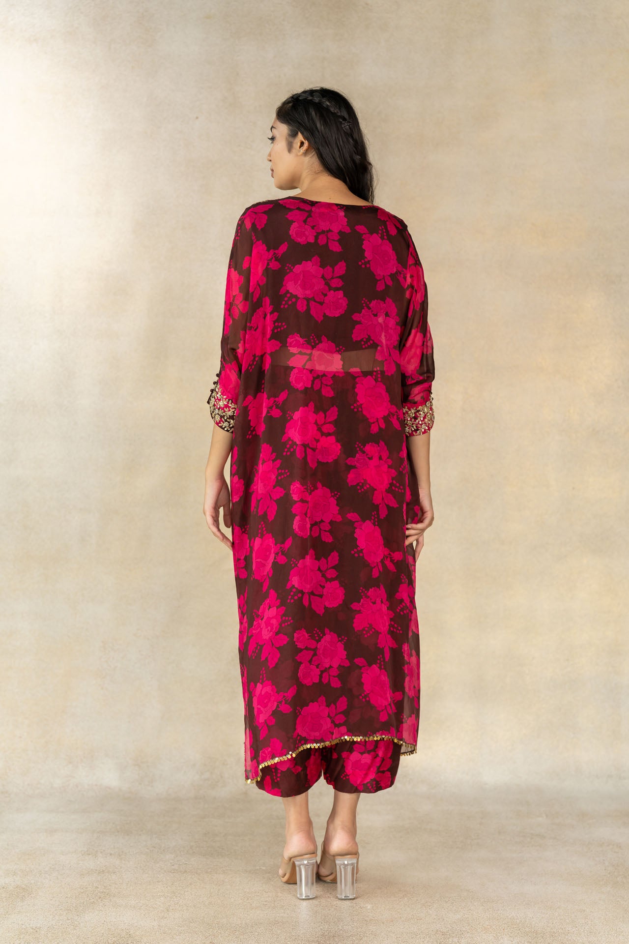 Brown floral printed overlay kaftan set