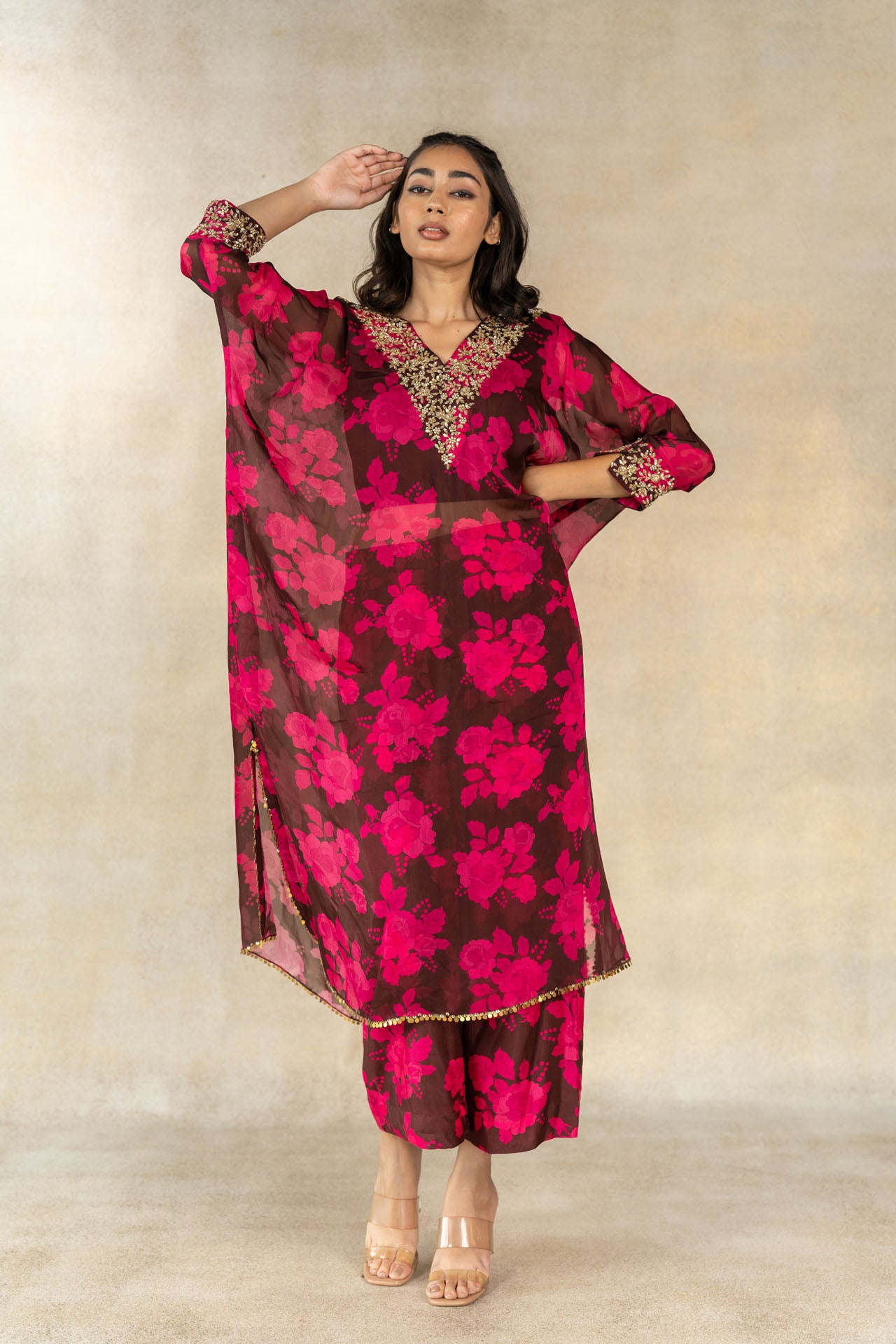 Brown floral printed overlay kaftan set