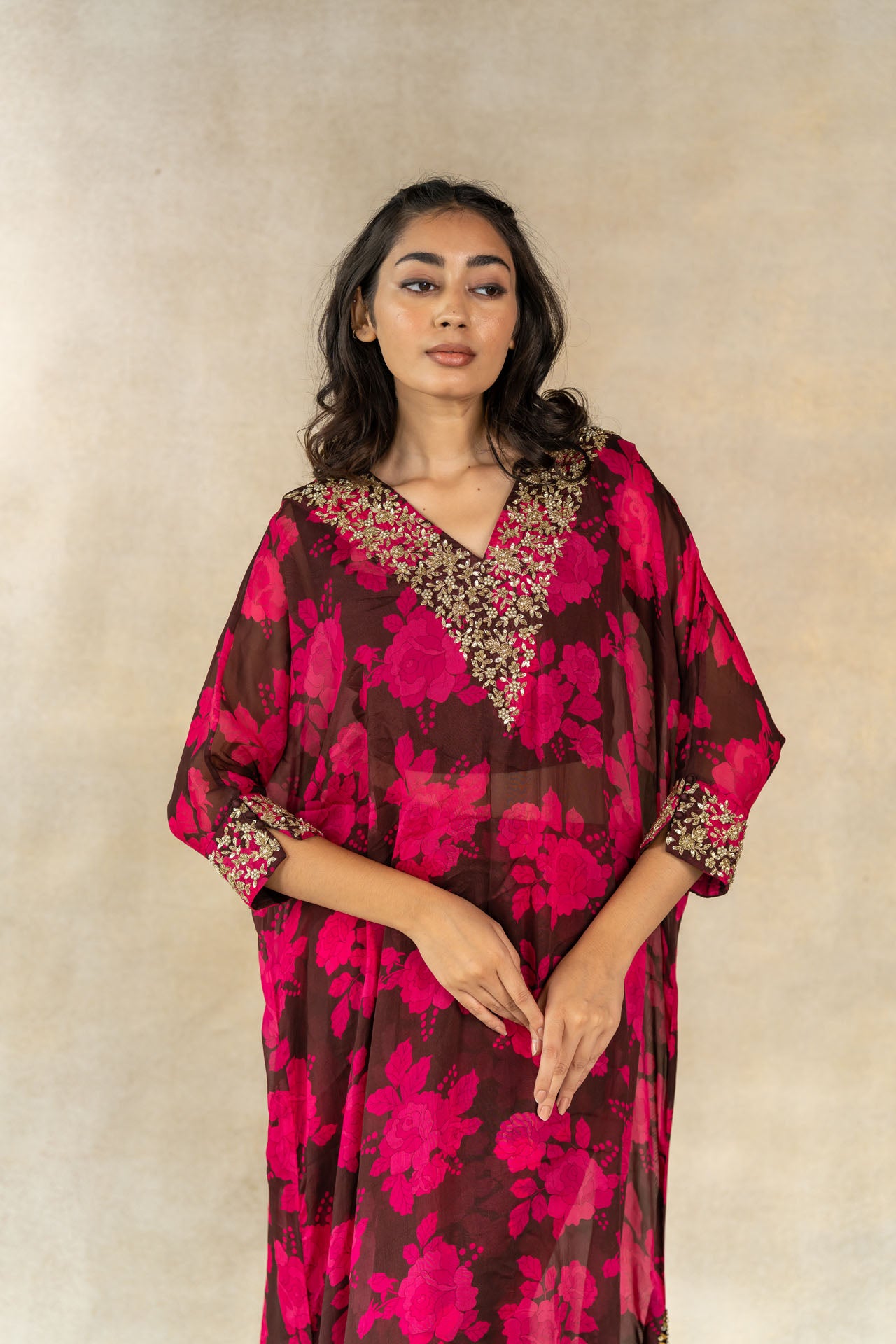 Brown floral printed overlay kaftan set