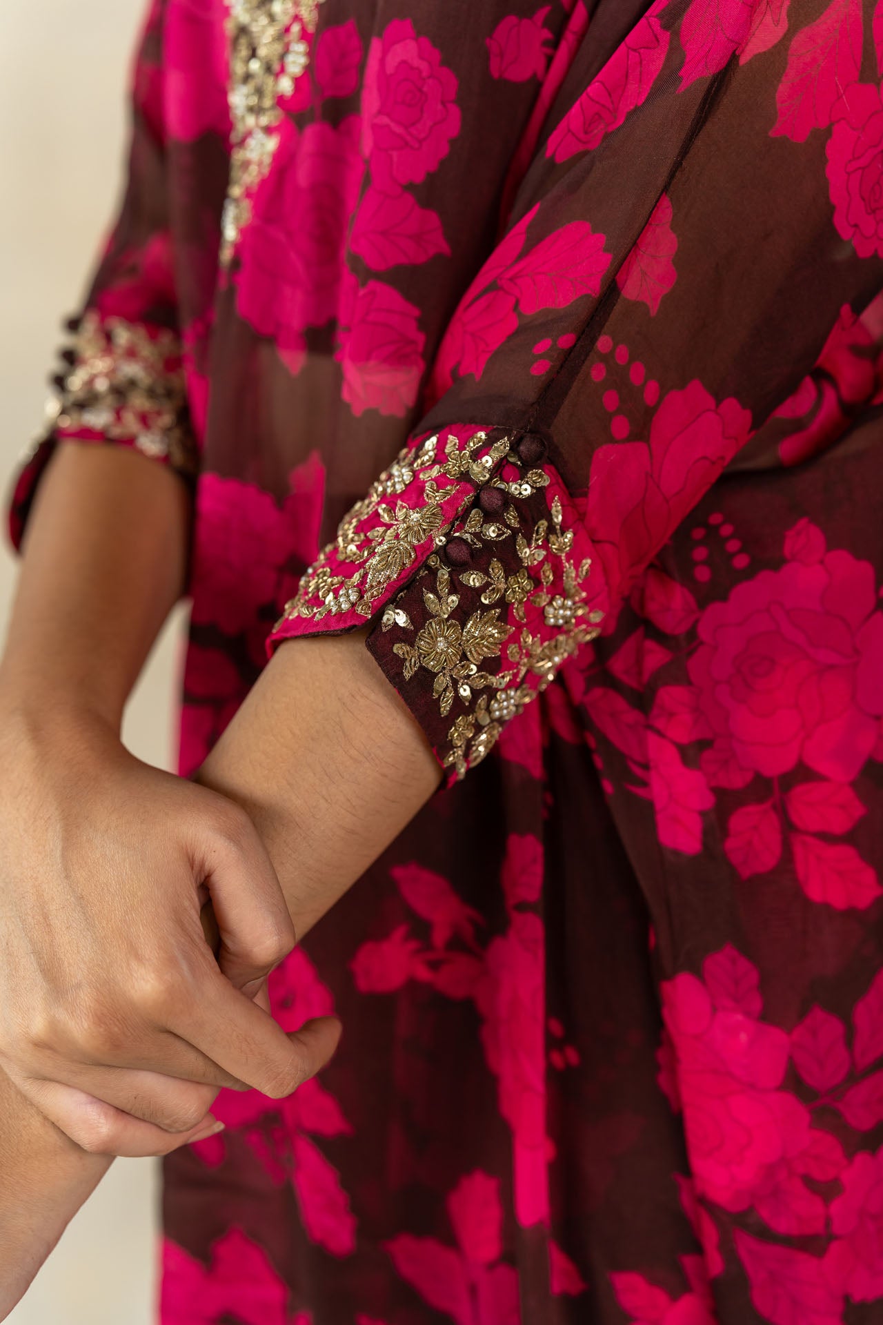 Brown floral printed overlay kaftan set