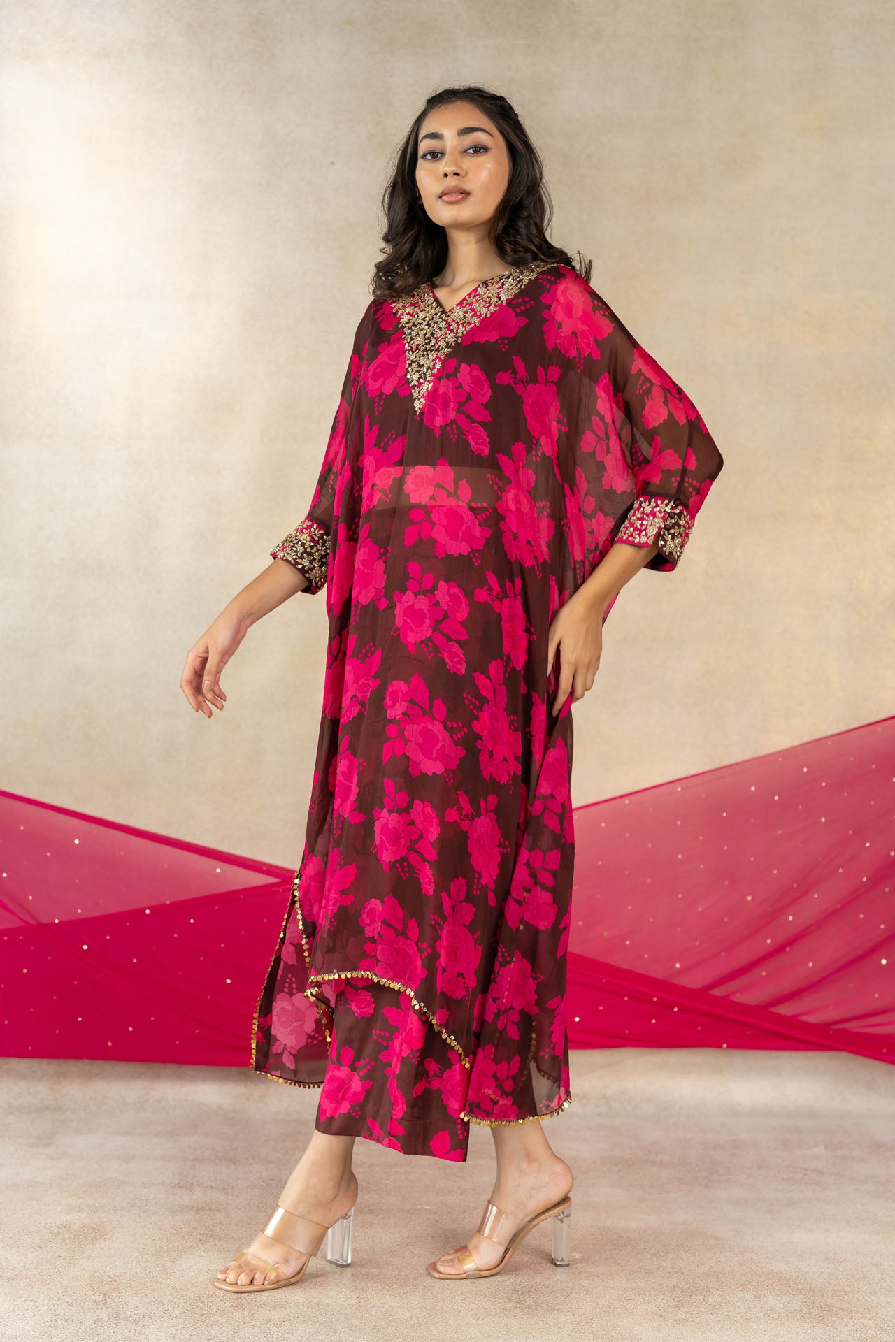 Brown floral printed overlay kaftan set