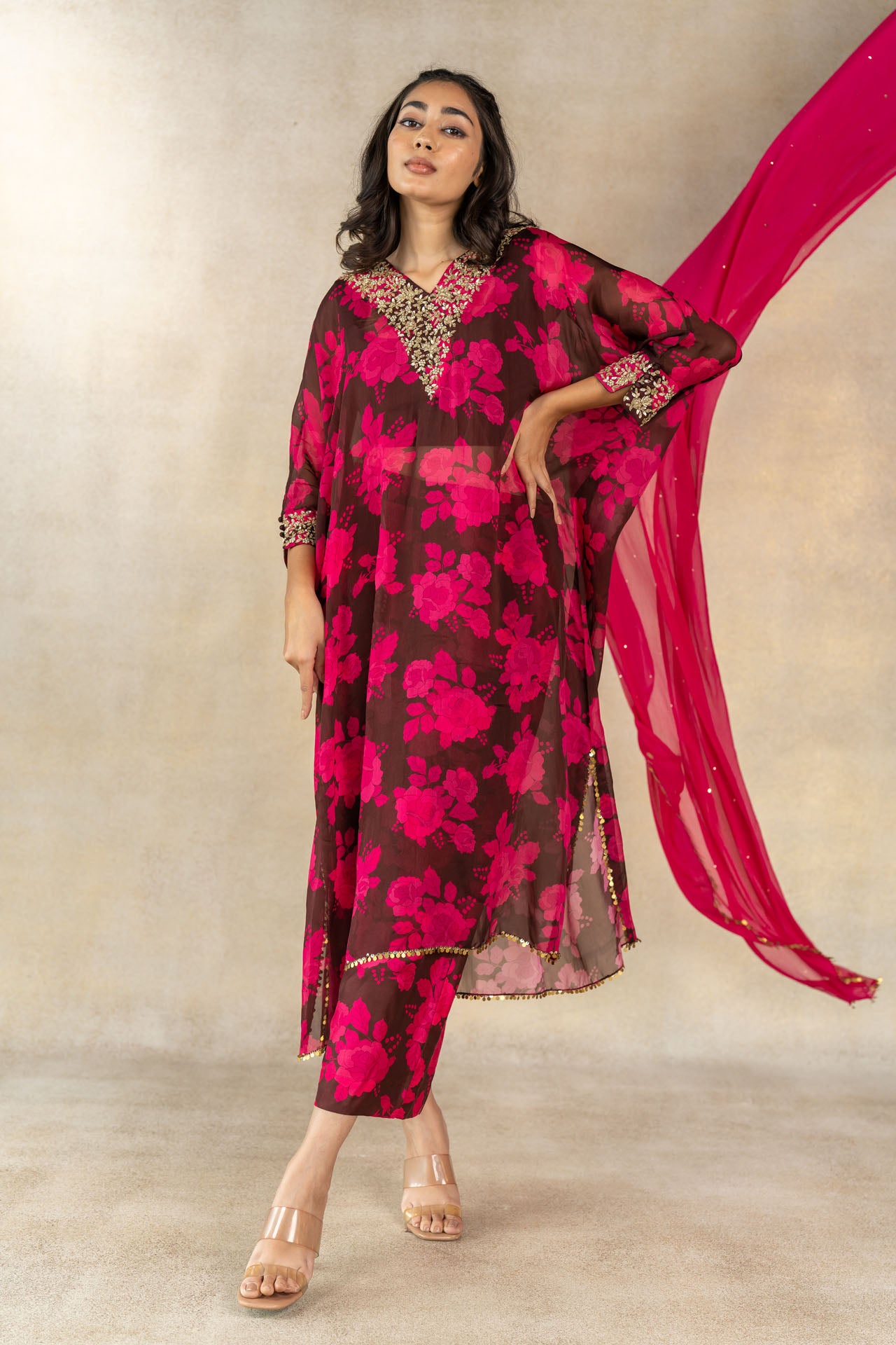 Brown floral printed overlay kaftan set