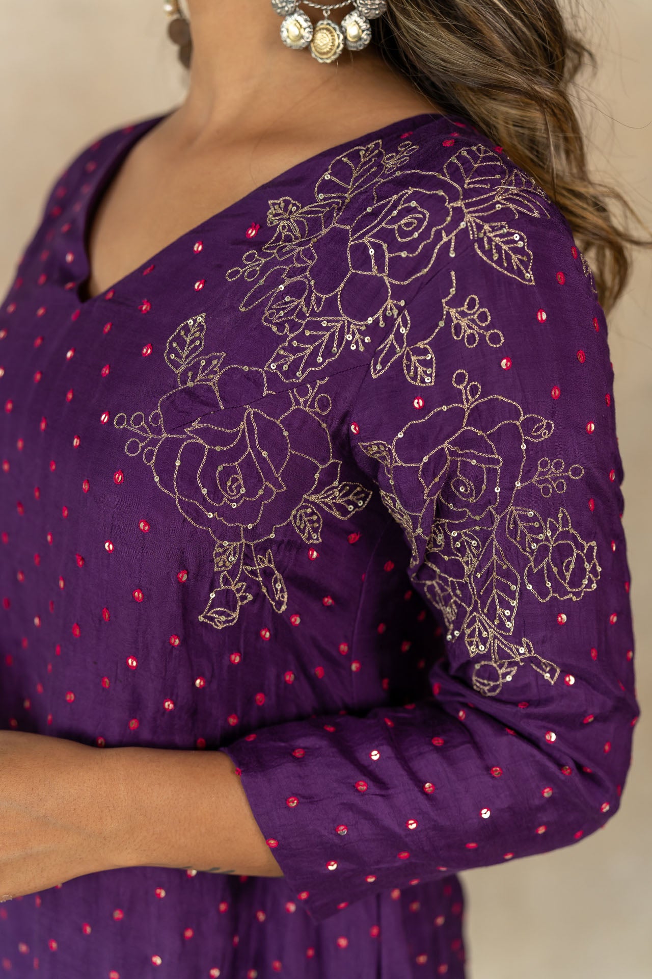 Purple rose motifs embroidered kurta set