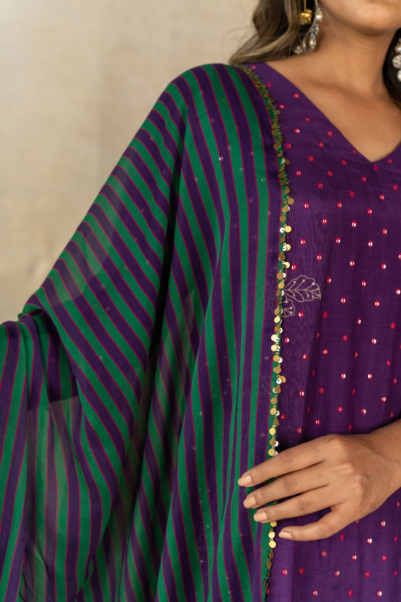 Green-purple multicolor striped printed dupatta