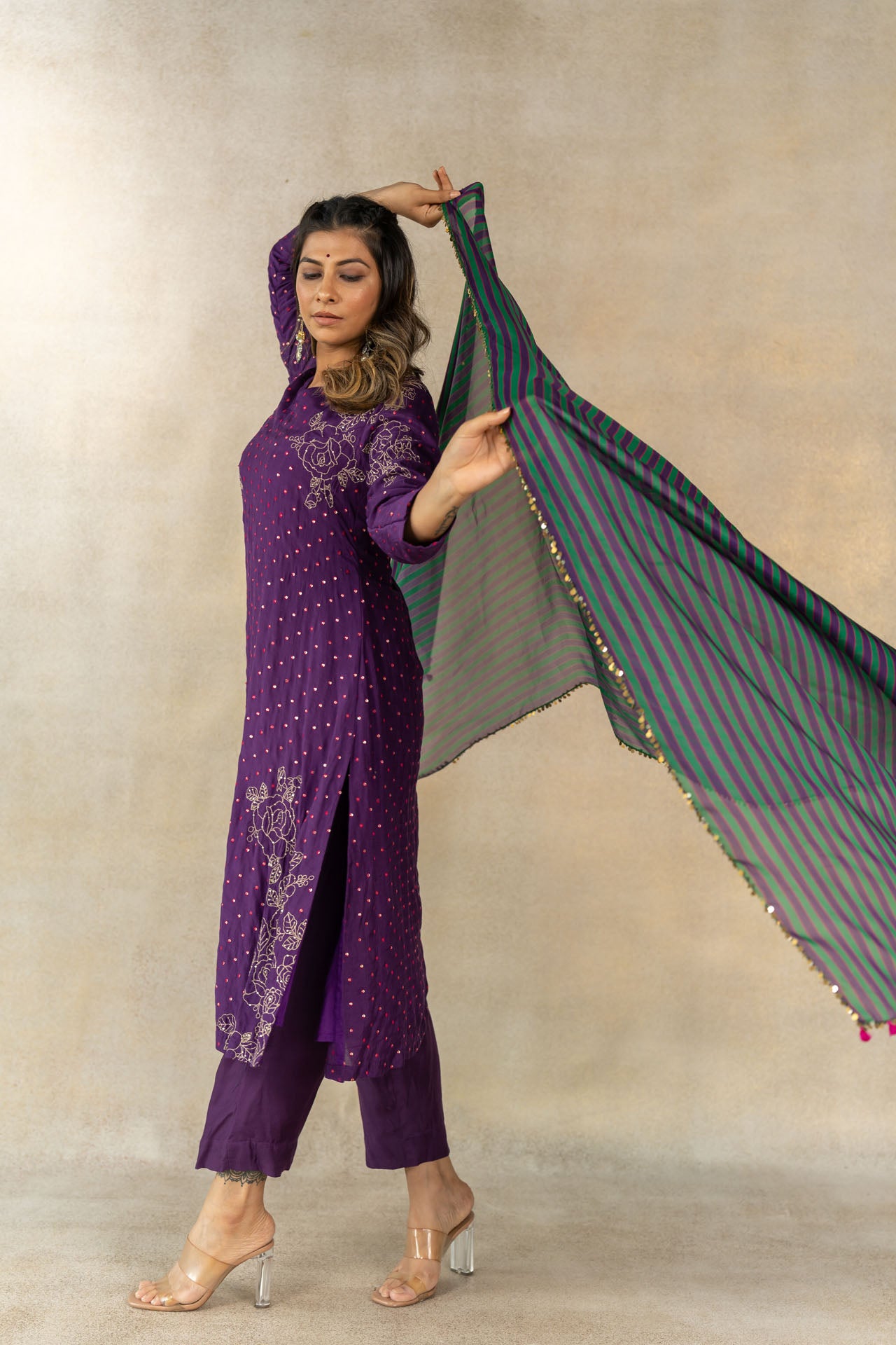 Green-purple multicolor striped printed dupatta