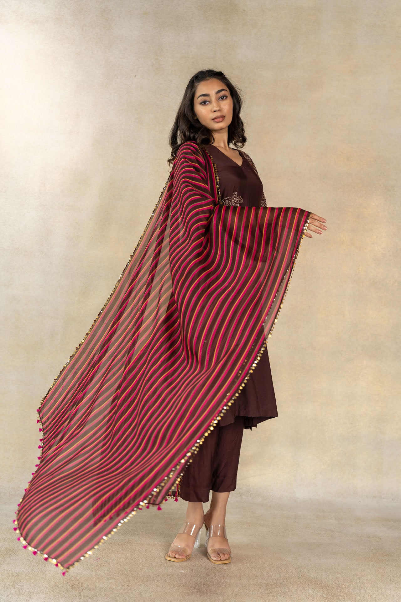 Brown-pink multi color striped printed dupatta