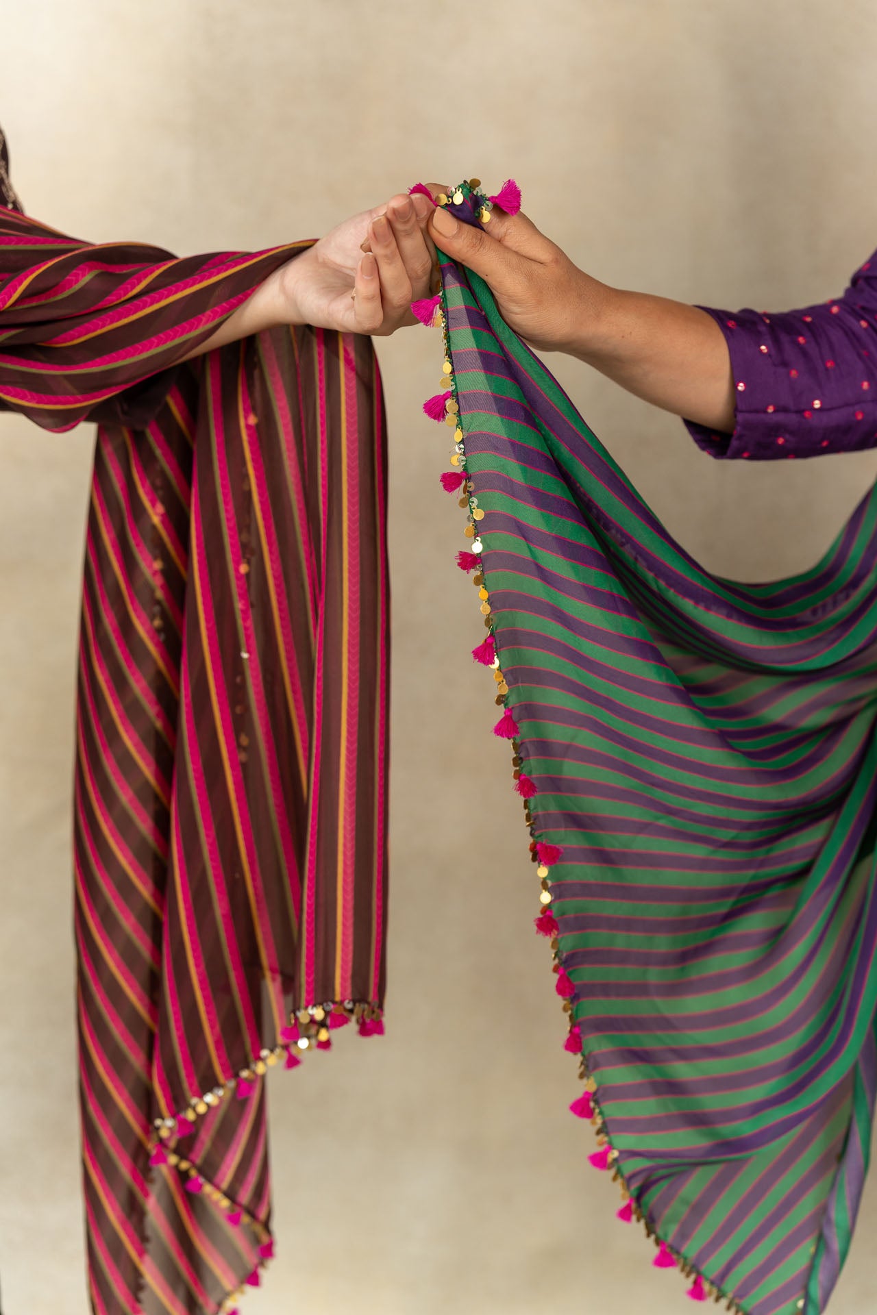 Brown-pink multi color striped printed dupatta
