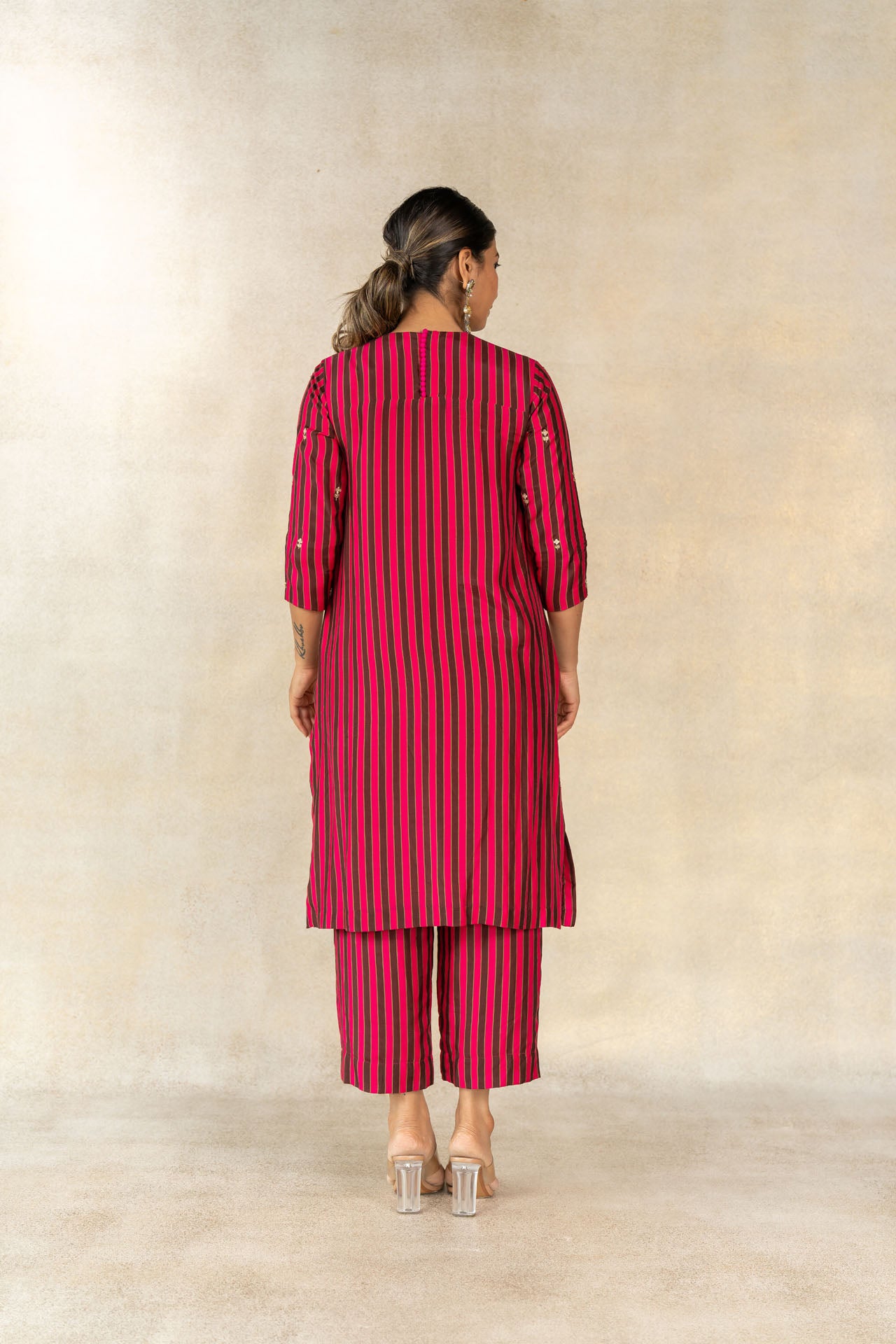 Brown-pink multicolor striped printed embroidered kurta set