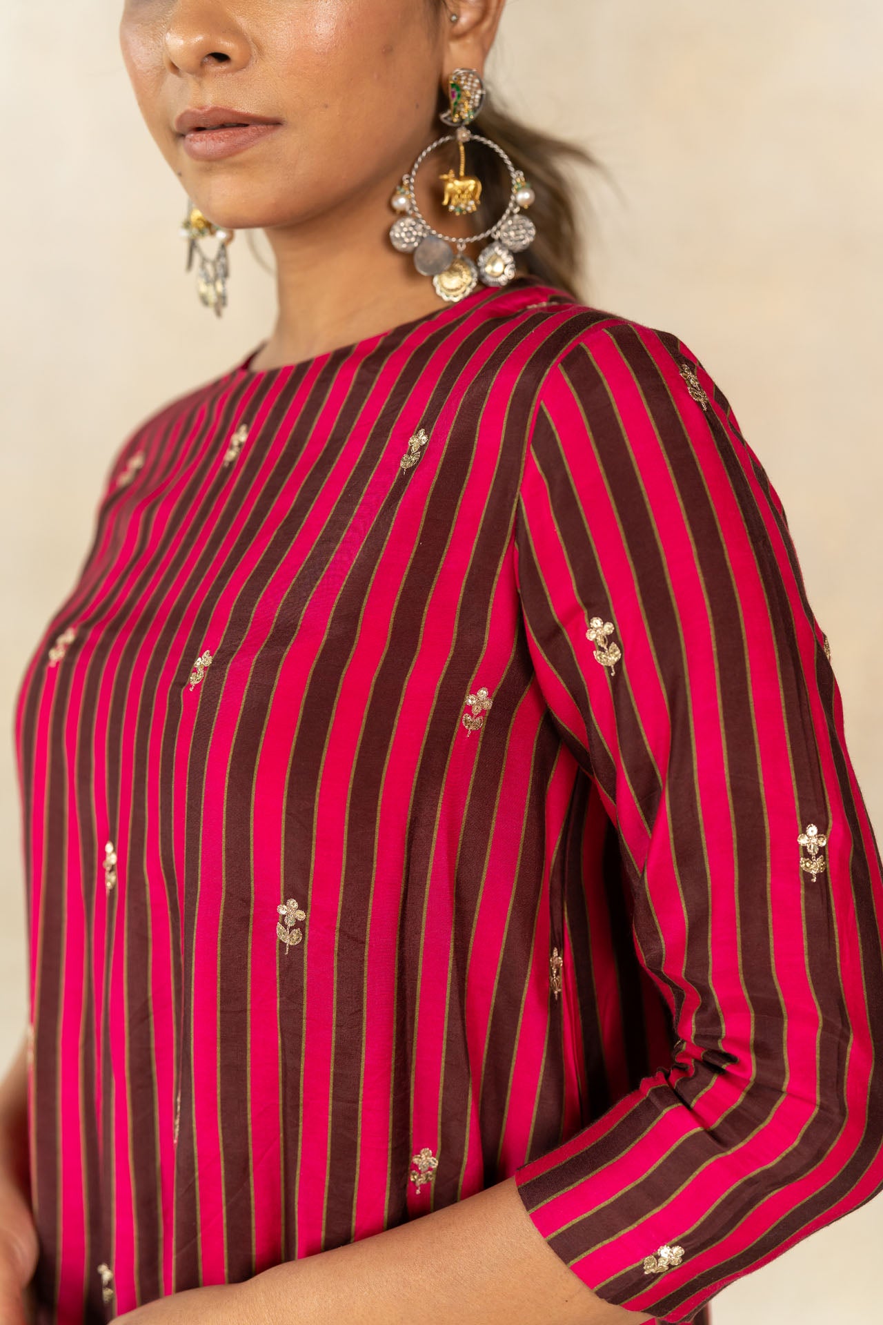 Brown-pink multicolor striped printed embroidered kurta set