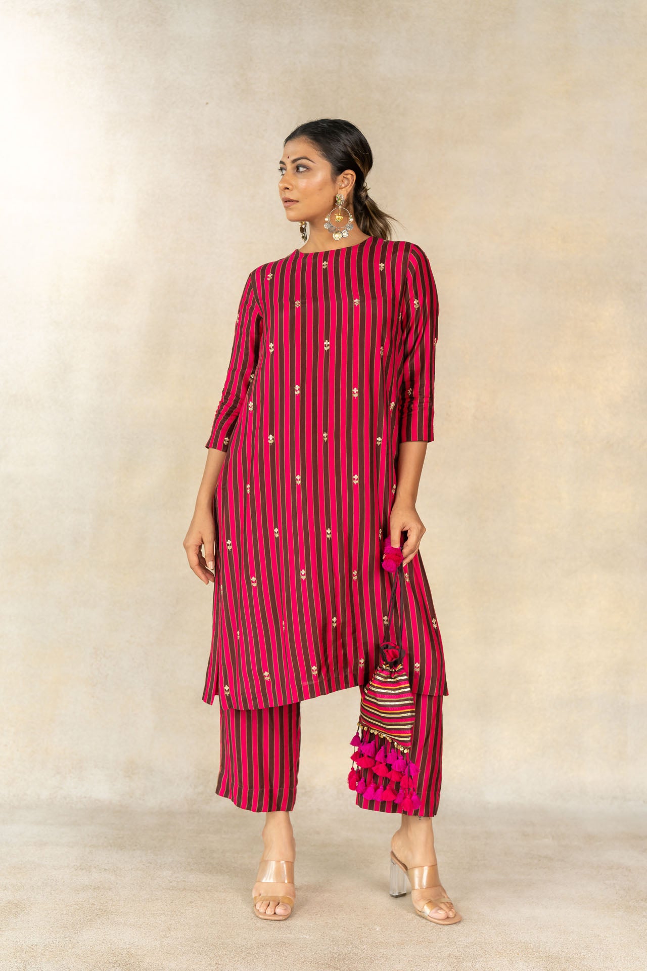 Brown-pink multicolor striped printed embroidered kurta set