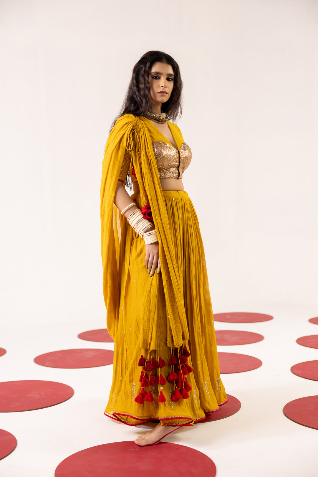 MUSTARD CHANDERI LEHENGA SET
