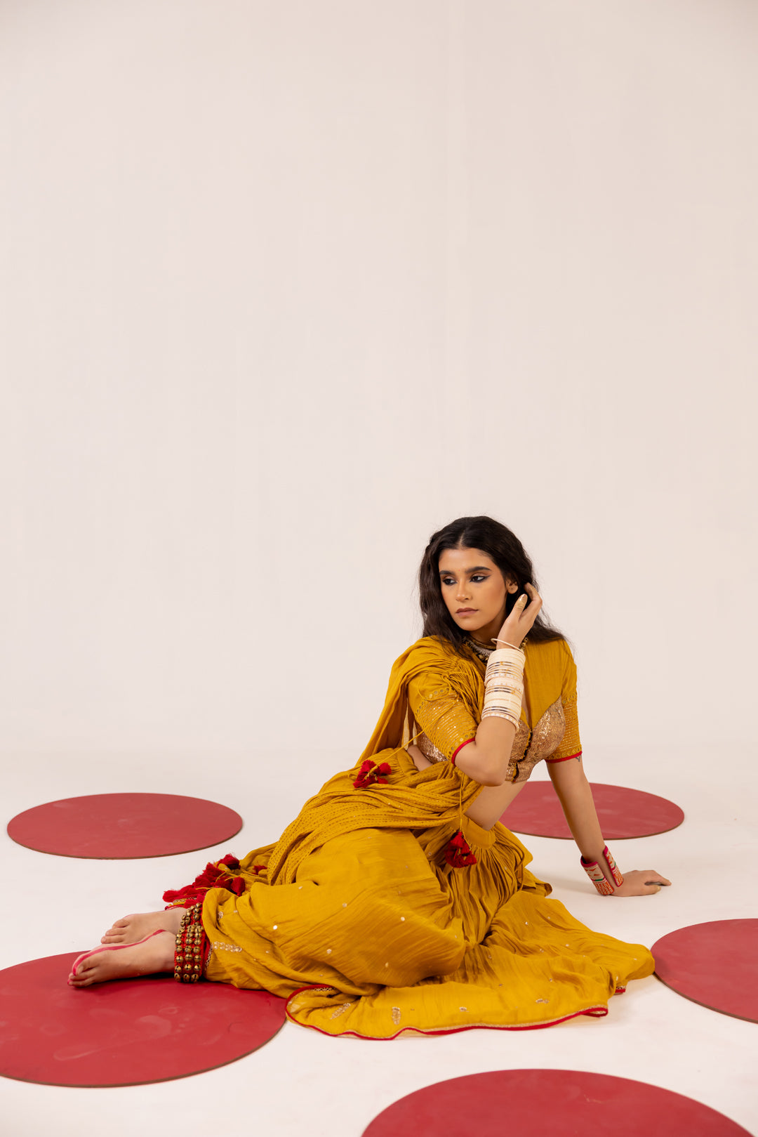 MUSTARD CHANDERI LEHENGA SET