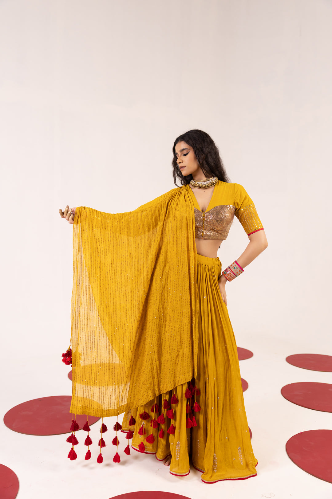 MUSTARD CHANDERI LEHENGA SET